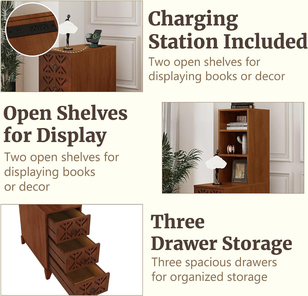 Mirightone Tall End Table with 3-Drawer and Shelves, Narrow Side Table with Charging Station, High Slim Corner Cabinet Bedside Table with Storage Bookcase for Living Room Bedroom, Walnut