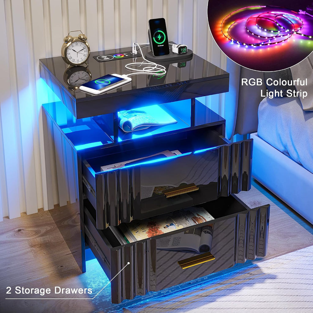 Nightstand with Wireless Charging Station, Bedroom Bedside Table with RGB Lights, Smart Night Stand with 2 Drawers, Bedside Tables Modern Bedside Table for Bedroom, Living Room(Black)