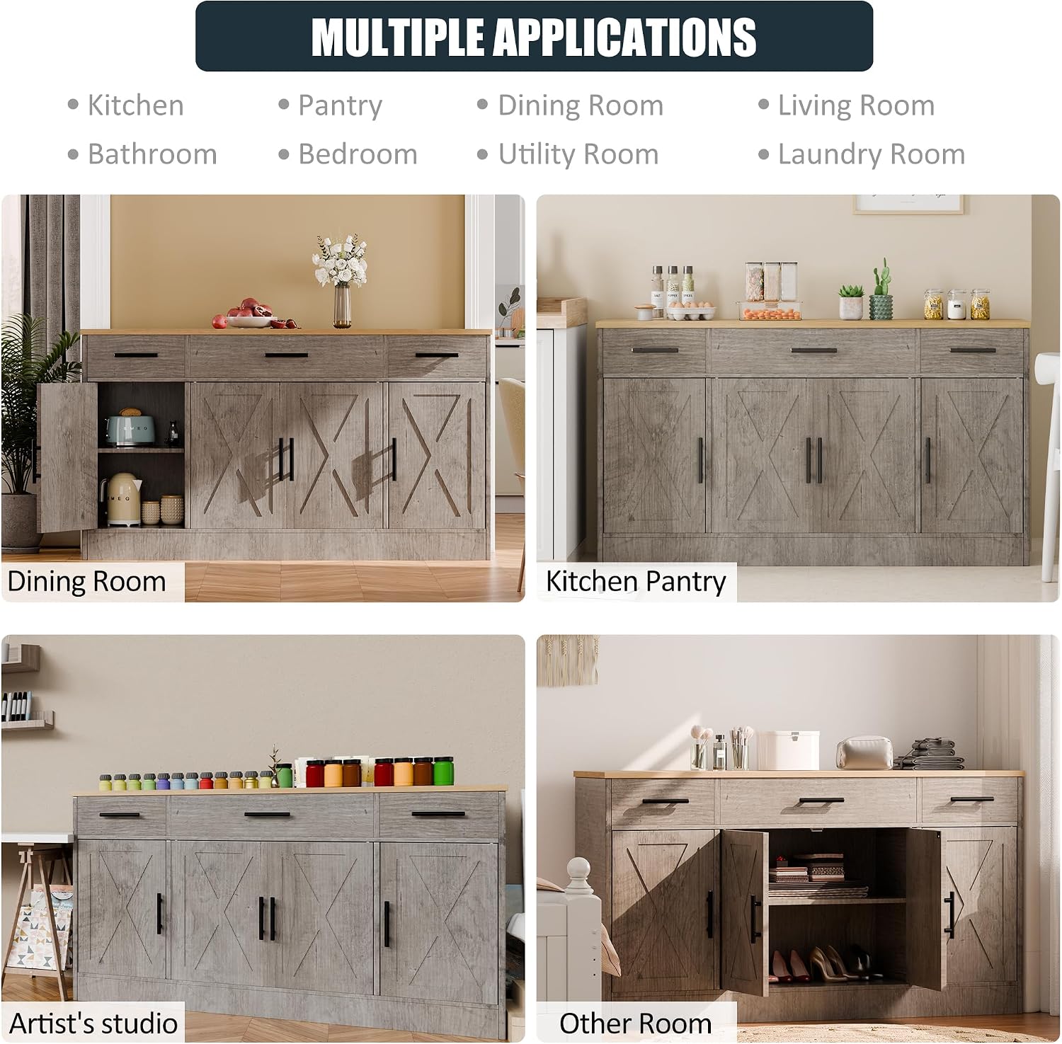 SUNLEI Kitchen Storage Cabinets, Farmhouse Buffet Cabinet with 4 Doors and 3 Drawers, Sideboard Small Storage Cabinet with Adjustable Shelf, for Kitchen, Dining Room & Living Room, Grey