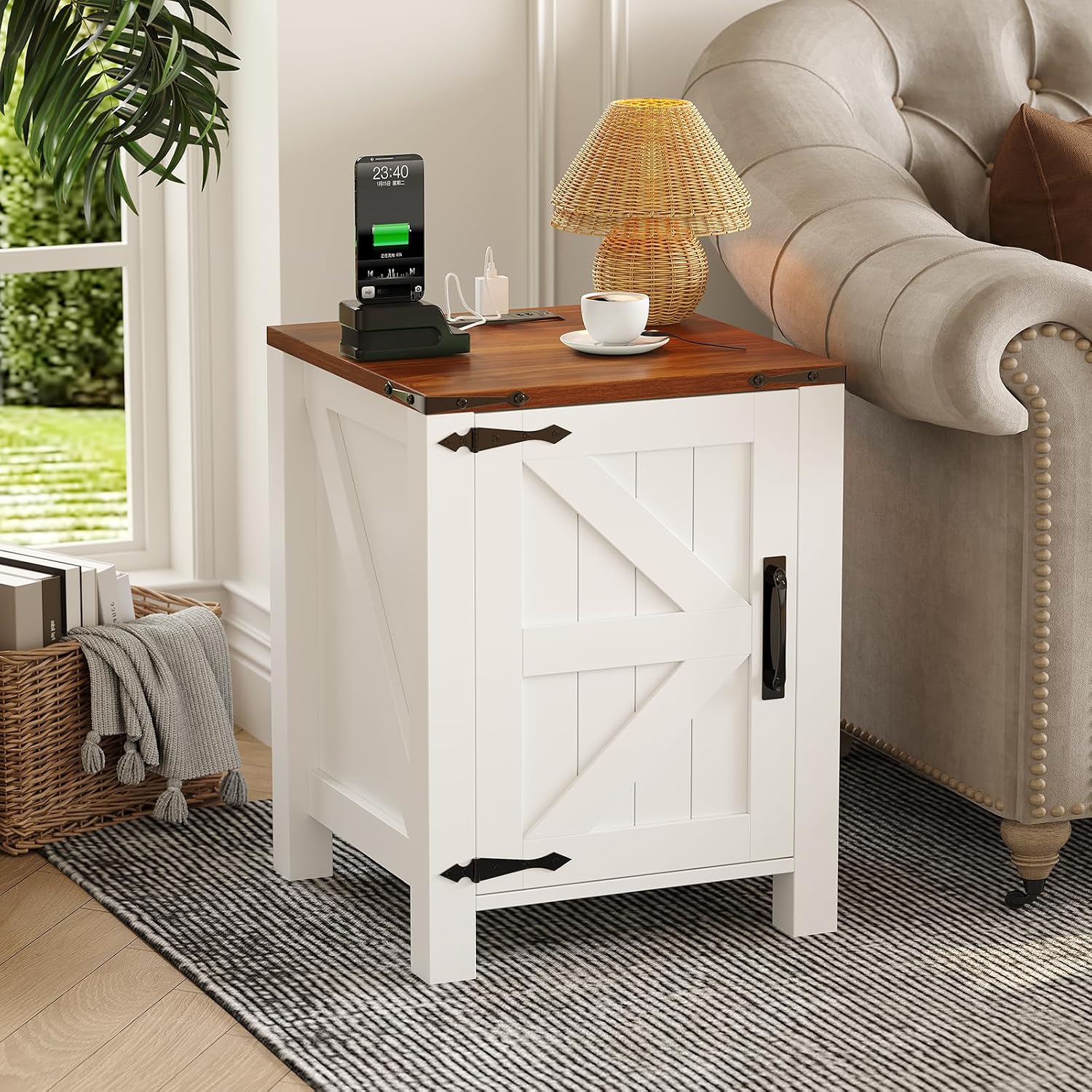 Garvee Rustic Farmhouse Nightstand Set of 2 with Charging Station, Barn Door and Adjustable Storage Shelf, Wooden Small Bedside Table, 18' Modern Two-Tier Nightstand & End Table for Bedroom