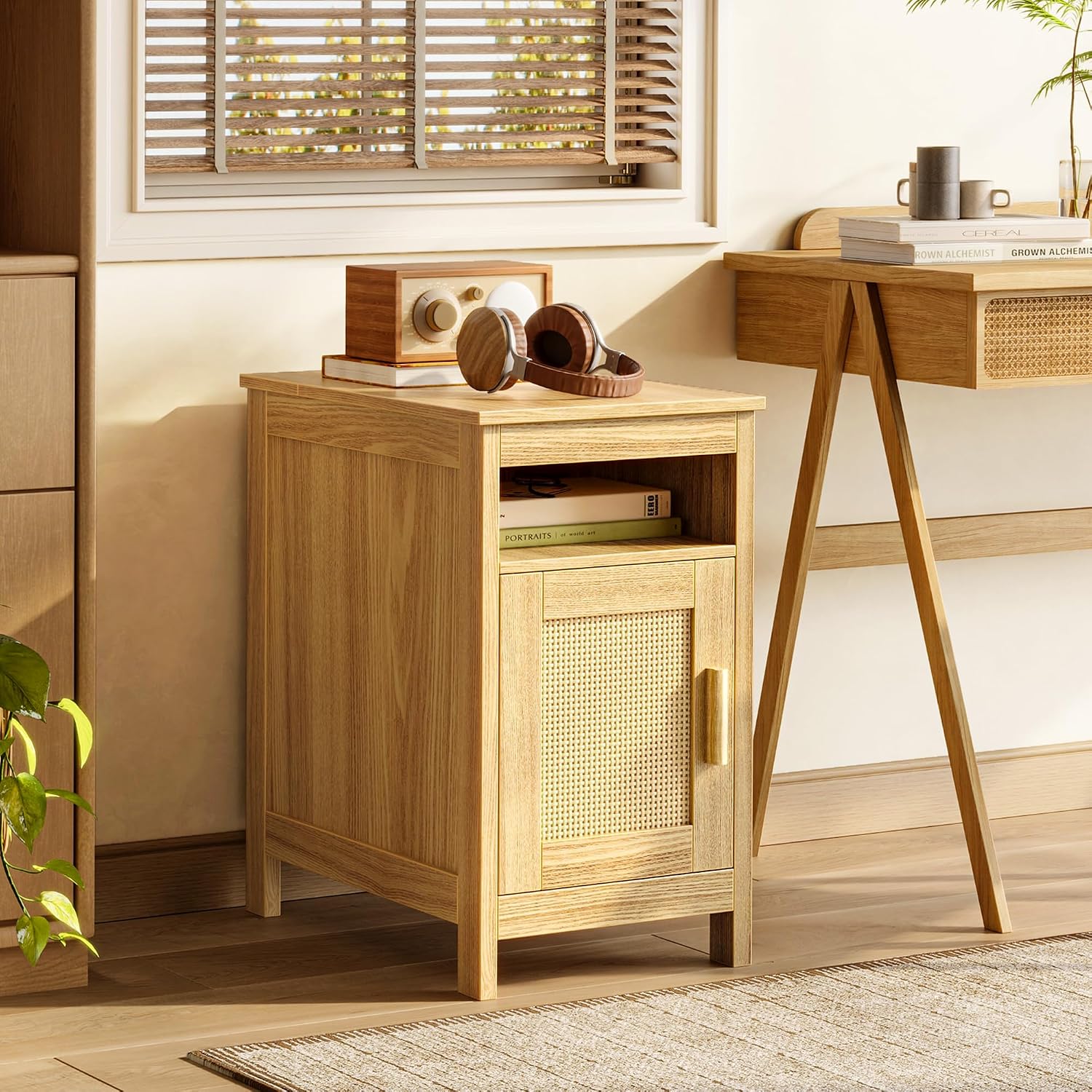 Huuger Narrow Night Stand Set of 2, End Table with Charging Station, USB-C Port, Rattan Side Table with Cabinet and Open Shelf, Synthetic Rattan, for Small Spaces, Bedroom, Natural Wood