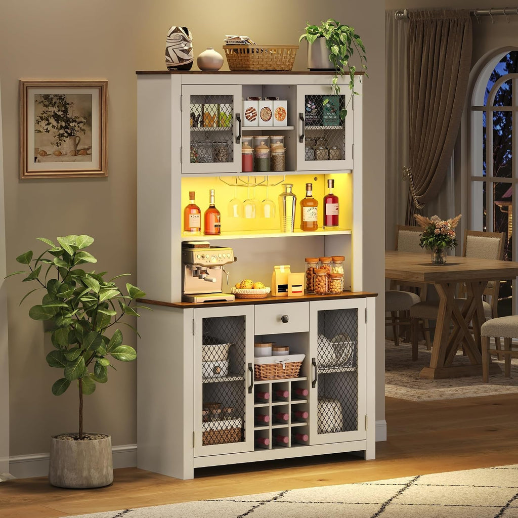 GDFStudio 70.9' Kitchen Pantry Storage Cabinet with LED,Outlets & USB,Rustic Farmhouse Buffet Hutch Cabinet with Countertop,Wine Rack,Glass Holder,Adjustable Shelves,Food Pantry Storage Cabinet,White