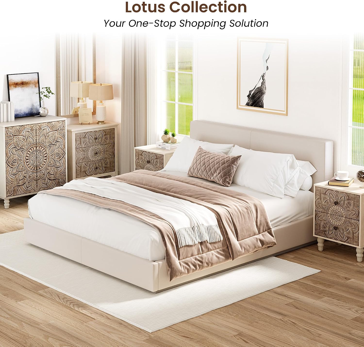 COSIEST Vintage Nightstand Set of 2, 18' Wide Wood Small Bed Side Table with 2 Drawers, Accent Bedside Table, Bedroom Furniture for Home, Office (Lotus Pattern)