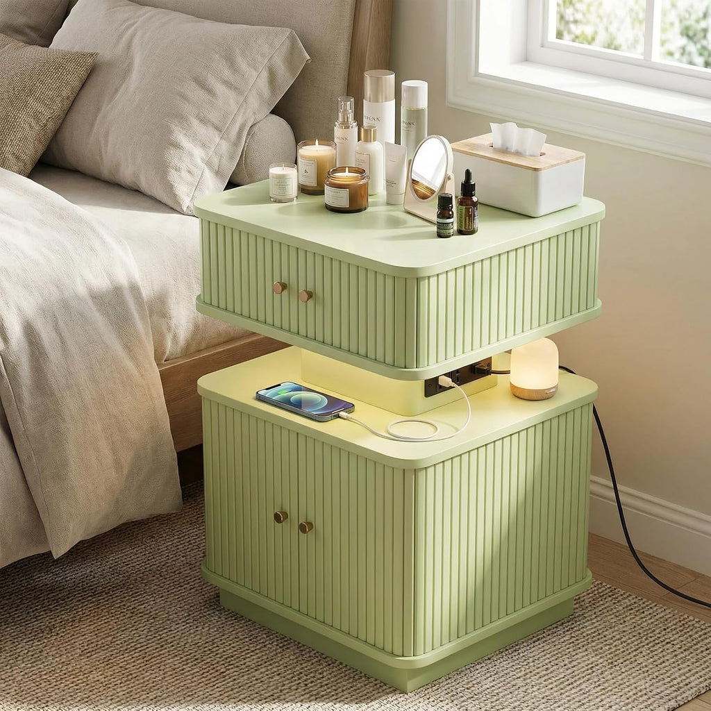 Set of 2 LED Light End Table with Charging Station, Green Mid Century Bedside Table with USB Type A C Ports, Small Fluted Accent TV Control Nightstand with Sliding Door for Living Room, Curvy Edge