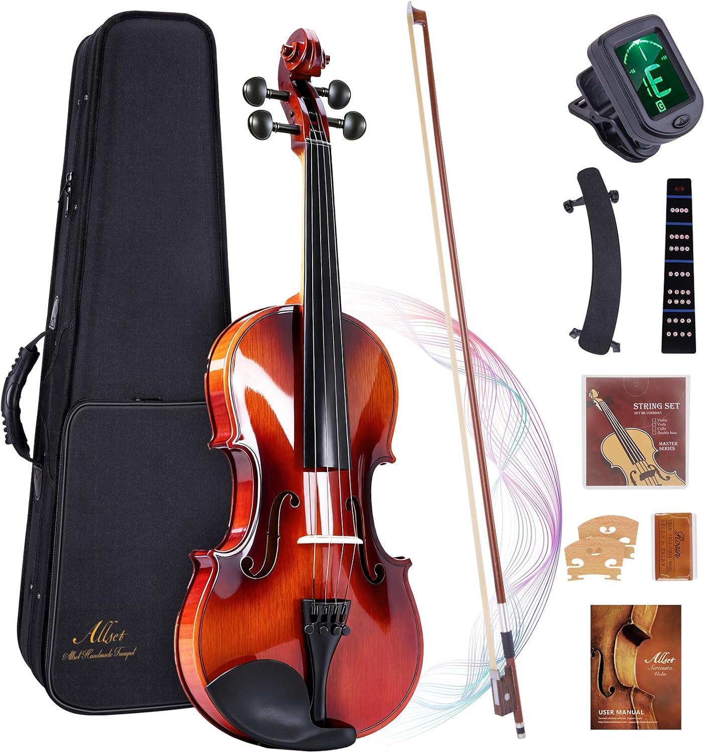 ALLSET 3/4 Full Size Acoustic Violin Kit for Beginners | Polywood Handmade Violin with Hard Case, Bow, Rosin, Shoulder Rest, Tuner & Extra Strings | Violin for adults | Glossy Red