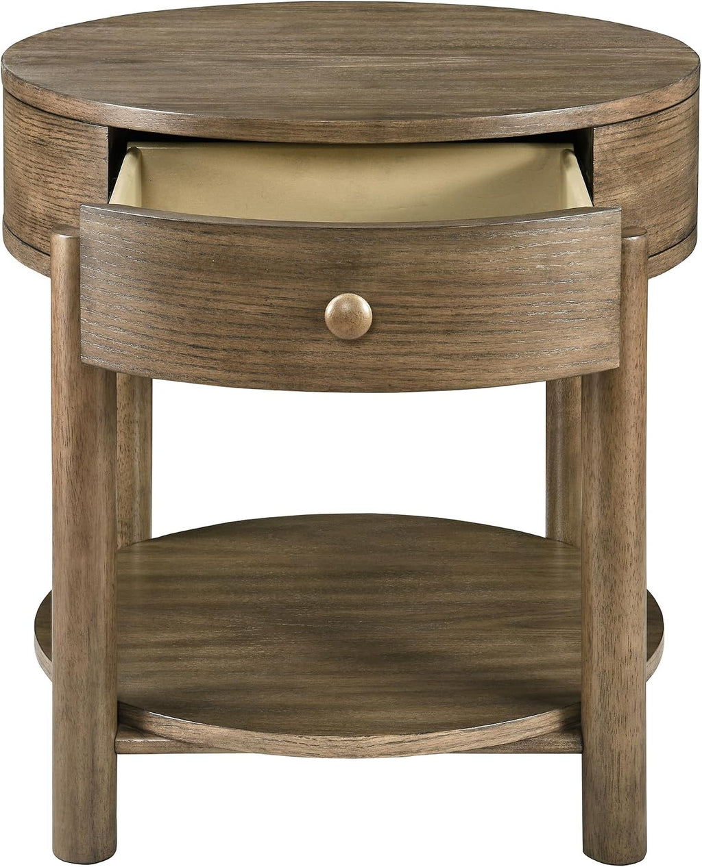 Solid Wood 24' Round End Table with Drawer, 2-Tier Small Sofa Side Table with Open Storage Oak Wood Accent Corner Table Modern Nightstand with Shelf for Living Room Bedroom Office, Brown, 24x25.16in