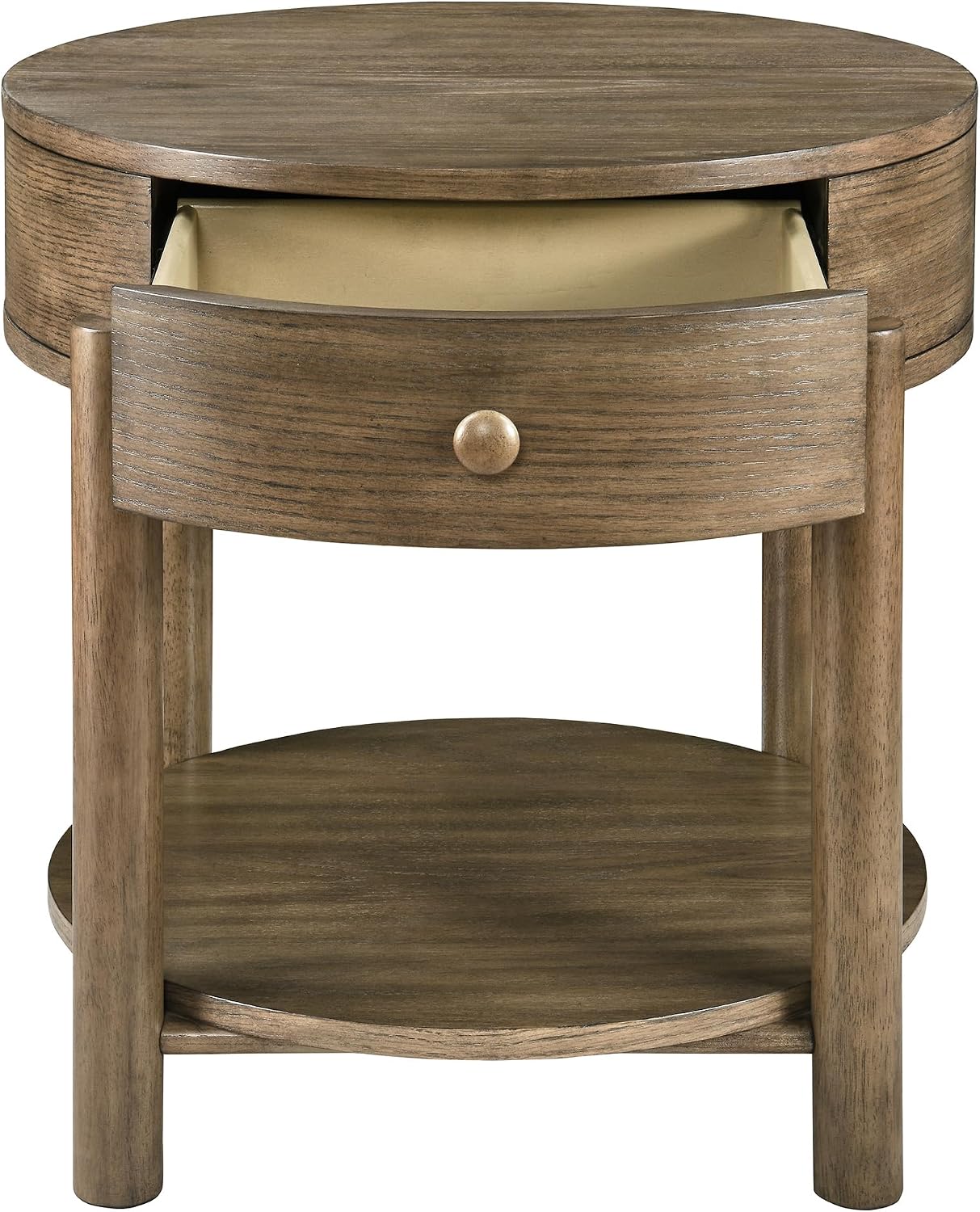 Solid Wood 24' Round End Table with Drawer, 2-Tier Small Sofa Side Table with Open Storage Oak Wood Accent Corner Table Modern Nightstand with Shelf for Living Room Bedroom Office, Brown, 24x25.16in