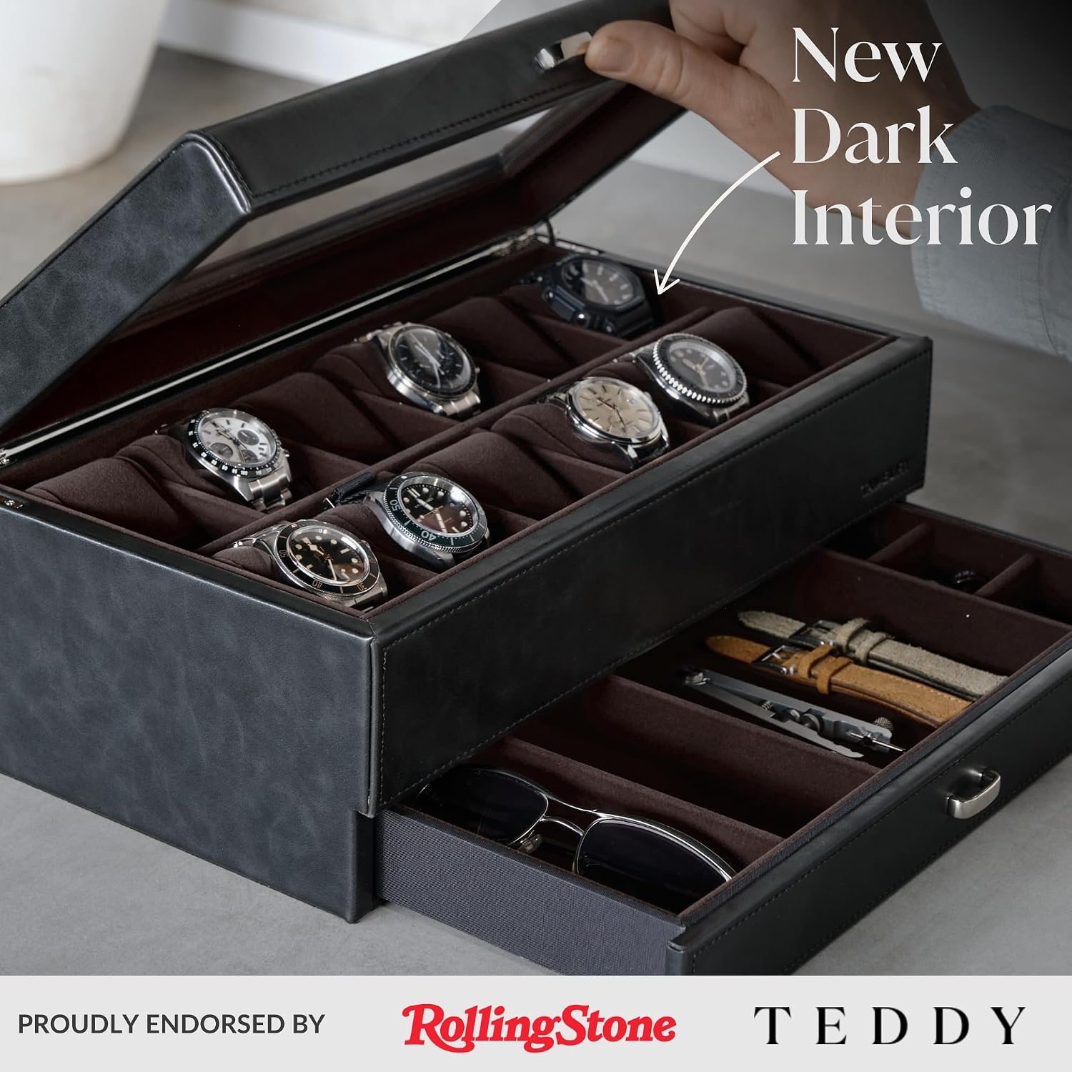 TAWBURY 12 Slot Watch Box with Storage Drawer - Premium Black PU Leather Watch Box for Men | Easy One-hand Opening, Plush Velveteen Interior (Black/Charcoal)