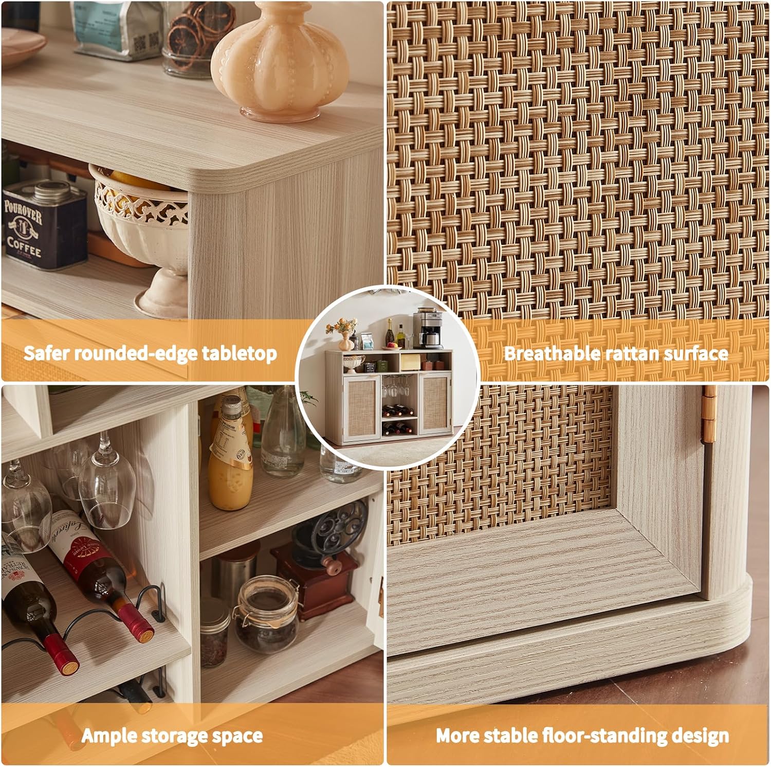 Lerliuo Rattan Wine Cabinet with 2 Doors, Boho Liquor Cabinet with Wine Racks, Farmhouse Coffee Bar Station for Living Room, Dining Room, Kitchen, Grey White