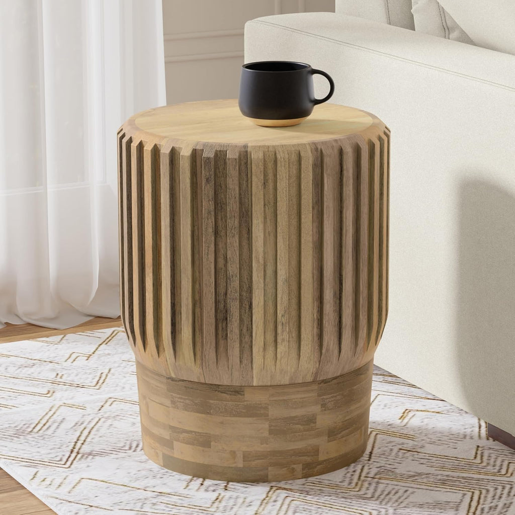 SIMPLIHOME Lyall End Table - 16 inch Wide Solid Mango Wood Round Accent Table with Gear-Fluted Sides in Natural, Contemporary Nightstand or Lamp Stand for Living Room or Bedroom, Assembled
