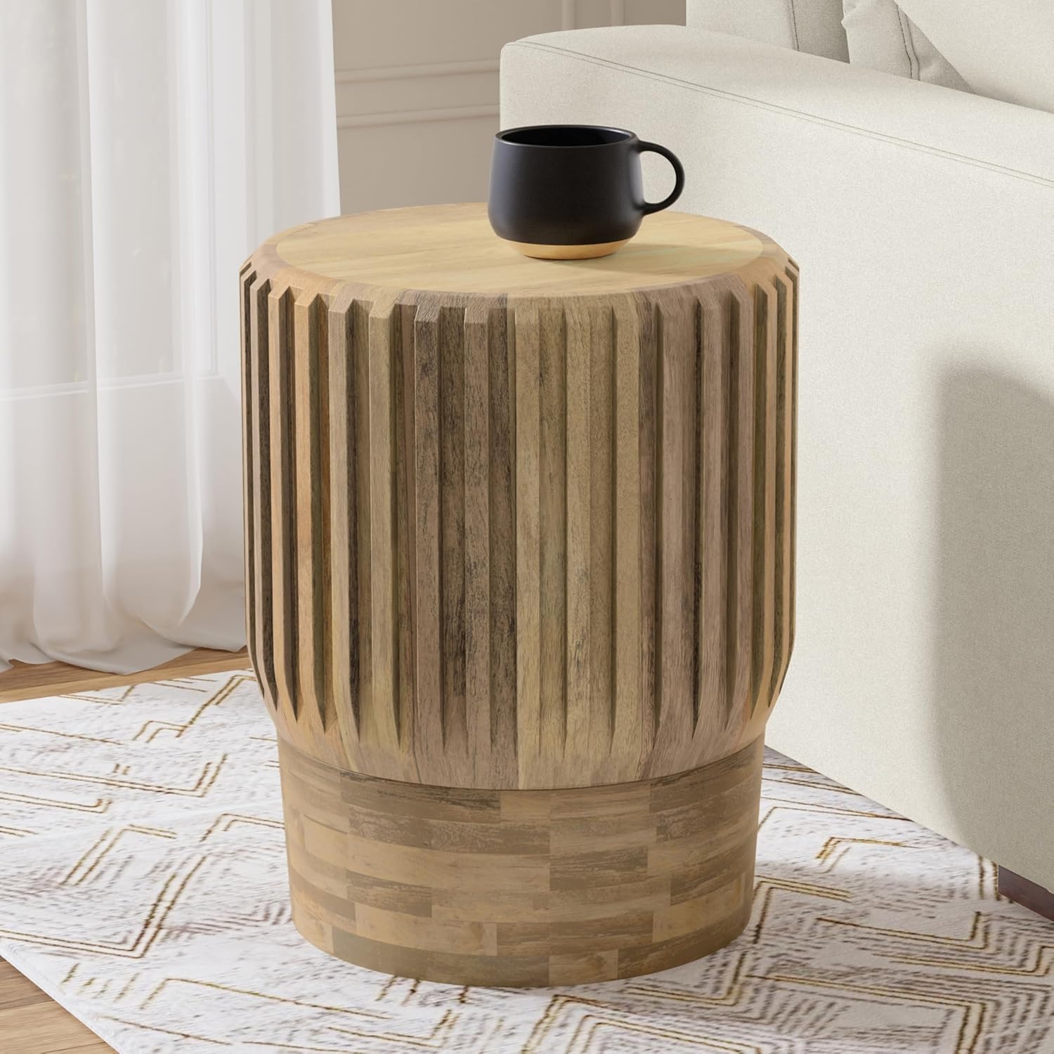 SIMPLIHOME Lyall End Table - 16 inch Wide Solid Mango Wood Round Accent Table with Gear-Fluted Sides in Natural, Contemporary Nightstand or Lamp Stand for Living Room or Bedroom, Assembled