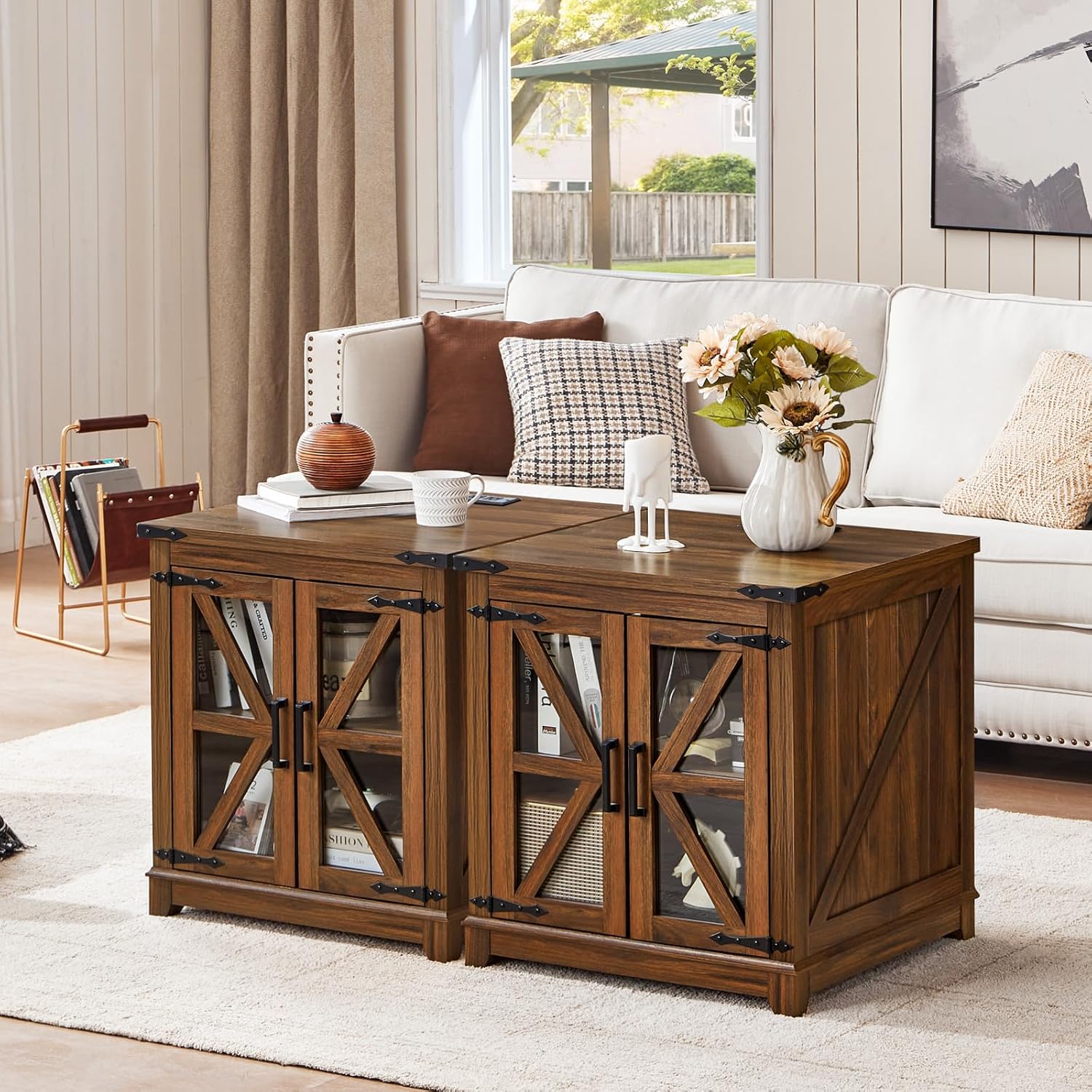 Joaxswe Farmhouse End Table with Charging Station Set 2, 24' Large Sofa Side Table with Glass Barn Door, Nightstand with Adjustable Storage Shelf,Wood Square Bedside Table for Living Room,Bedroom