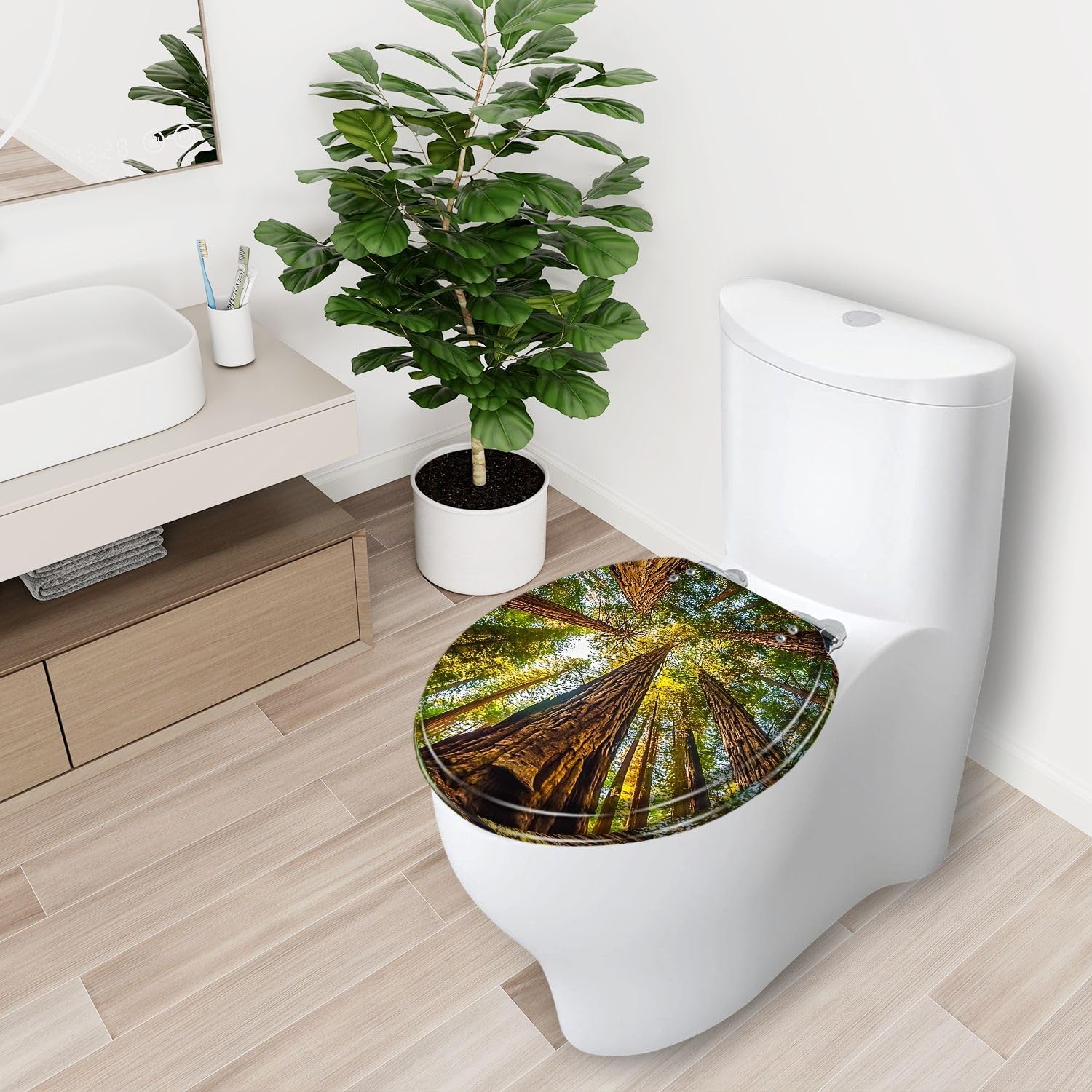 Round Toilet Seat Secuoia Forest Resin Toilet Seat Slow Quiet Close with Quick-Release Hinges Toilet Seat with Cover Easy to Clean Install