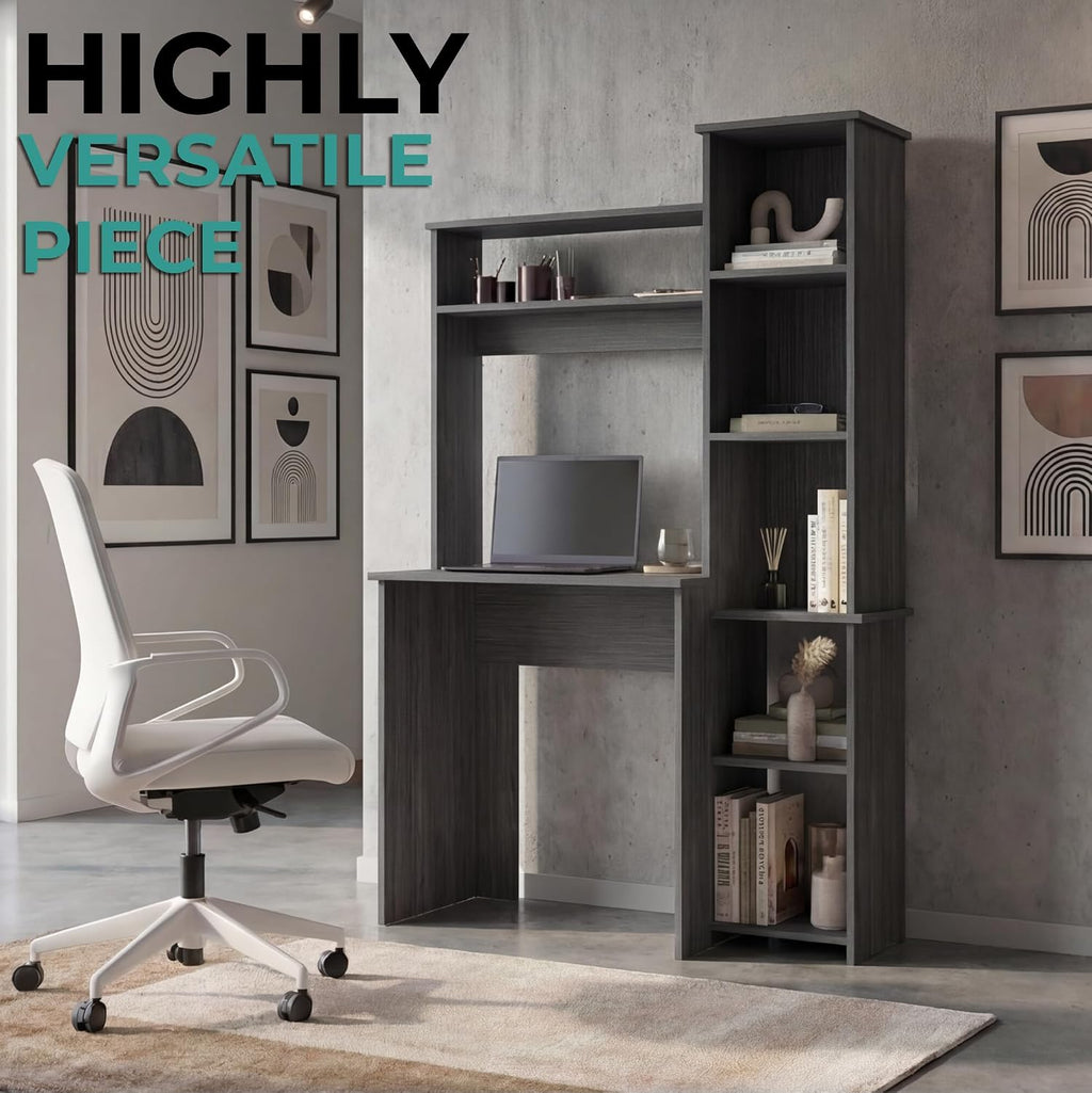 Tuhome Versalles Writing Desk with Two Superior Shelves, Five Side Open Storage Compartments, Space-Saving Modern Workstation Design for Studios and Offices, Ideal for Organization, Books