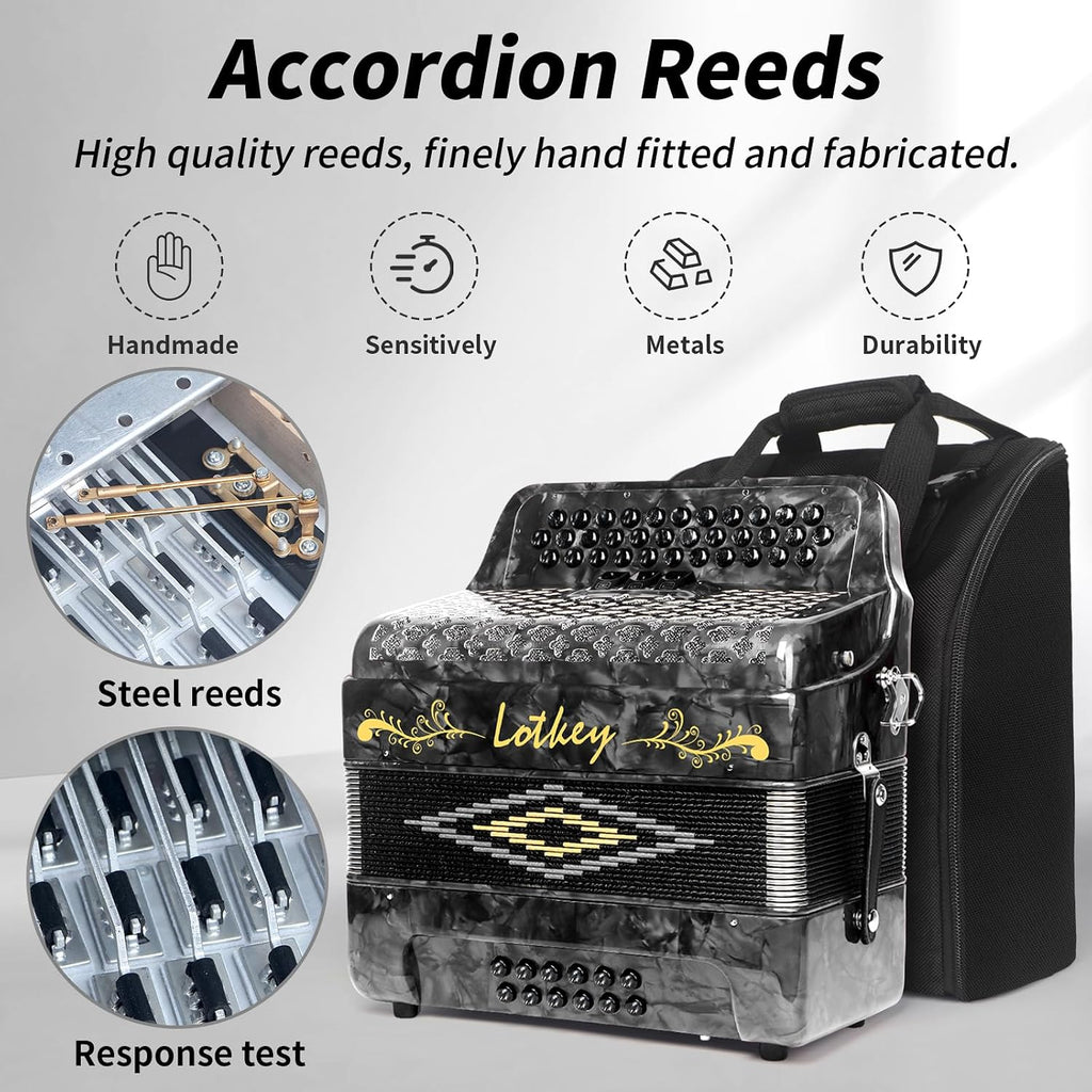 Lotkey 34 Key Diatonic Accordion, 3412 Multi Tone Celluloid Accordions Louder Clearer Timbre than Plastic for Adult, Beginner, Professional with Updated Bag, Straps, Acordeón Wrist Guard (FBE Grey)