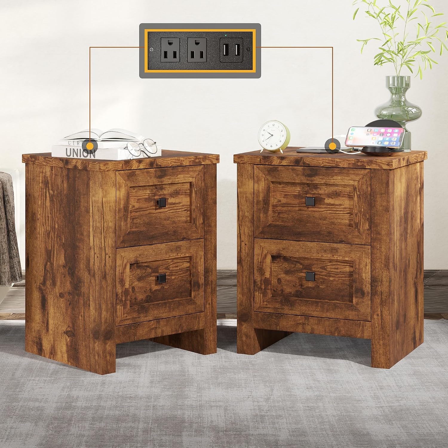 AMERLIFE Nightstand Set of 2 with Charging Station, Rustic Bedside Table with Drawers Storage, Farmhouse Wood Night Stand for Bedroom, Rustic Brown