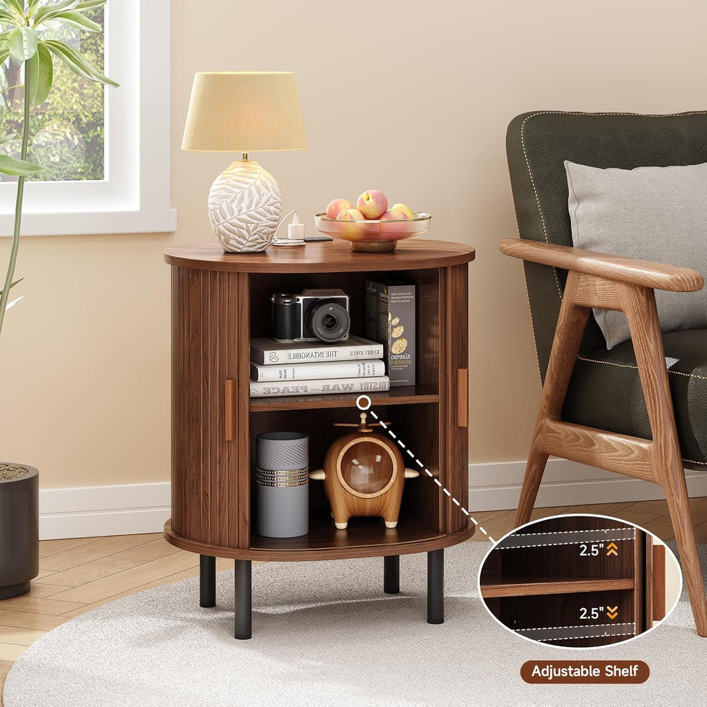 ONBRILL Oval End Table with Storage & Charging Station, Fluted Accent Side Table with Sliding Door & Adjustable Shelf, Mid-Century Modern Nightstand Set of 2 for Living Room, Bedroom, Walnut(2-Pack)