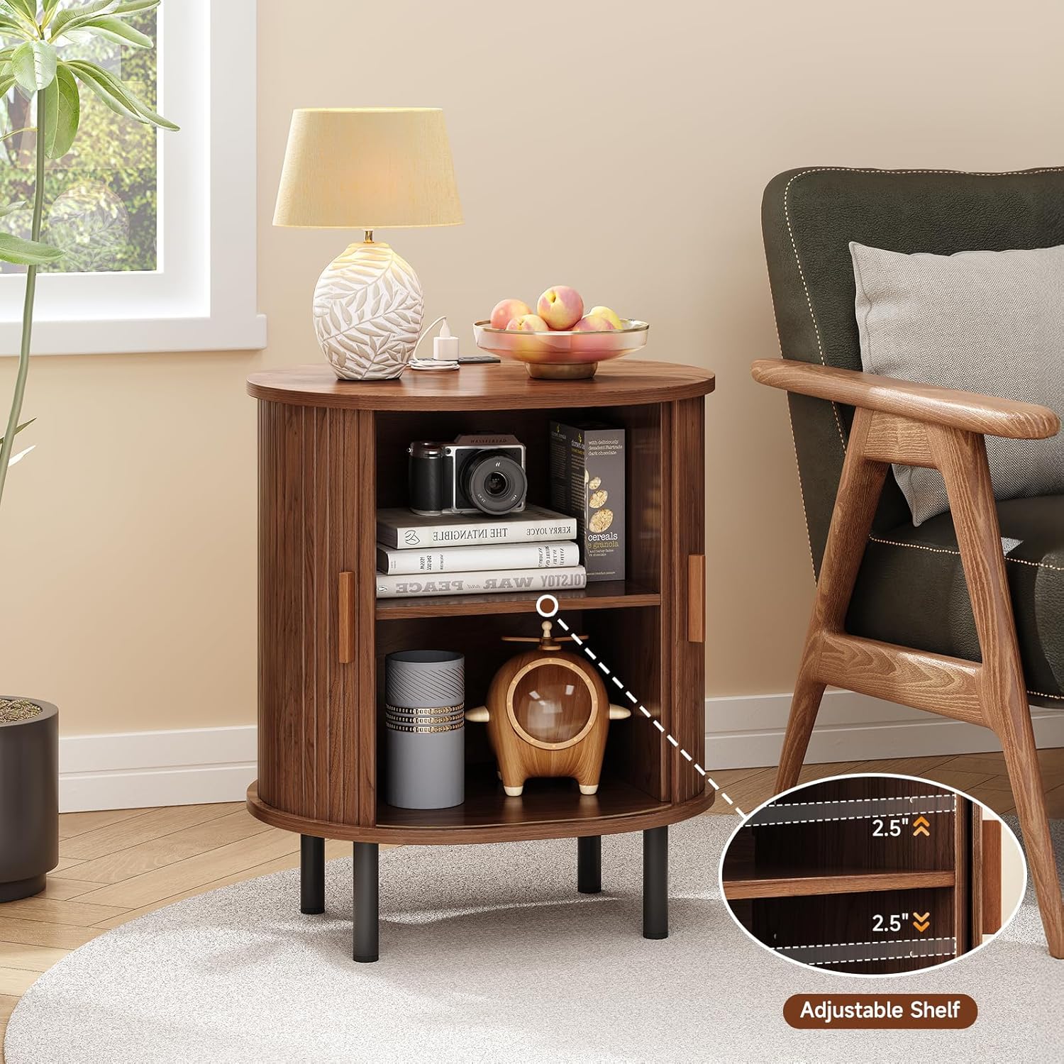 ONBRILL Oval End Table with Storage & Charging Station, Fluted Accent Side Table with Sliding Door & Adjustable Shelf, Mid-Century Modern Nightstand Set of 2 for Living Room, Bedroom, Walnut(2-Pack)