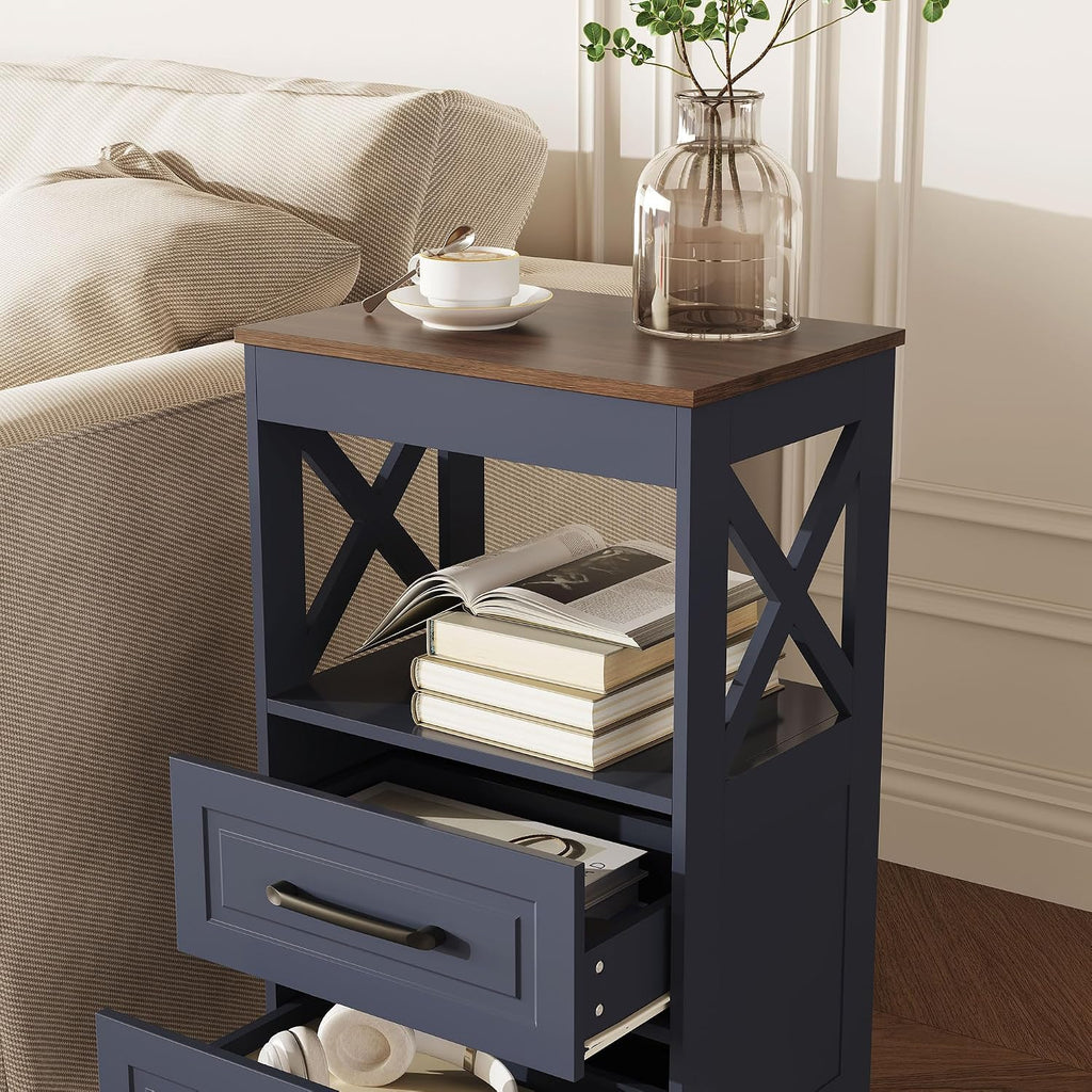 Tall Nightstand Set of 2 Side Table with 2 Drawers Modern Night Stand Wooden Rustic End Table Bedside Table with Upper Open Shelf Solid Feet for Bedroom Navy Blue+Walnut
