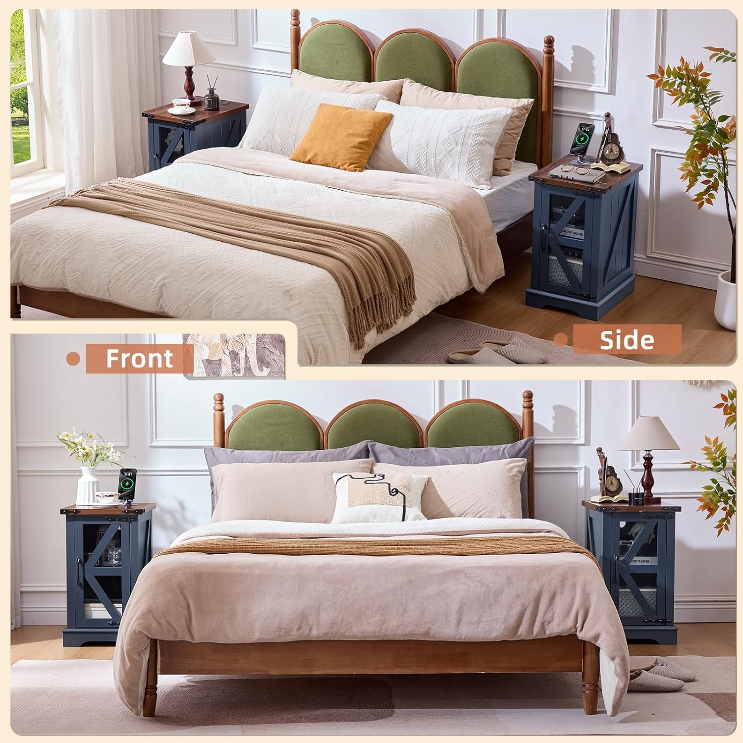 Joaxswe End Table Set 3 with Charger Station, Farmhouse 18'' Narrow Night Stand and 24' Square Side Table with Glass Barn Door Storage, Wood Nightstand Bedside Tables for Living Room Bedroom