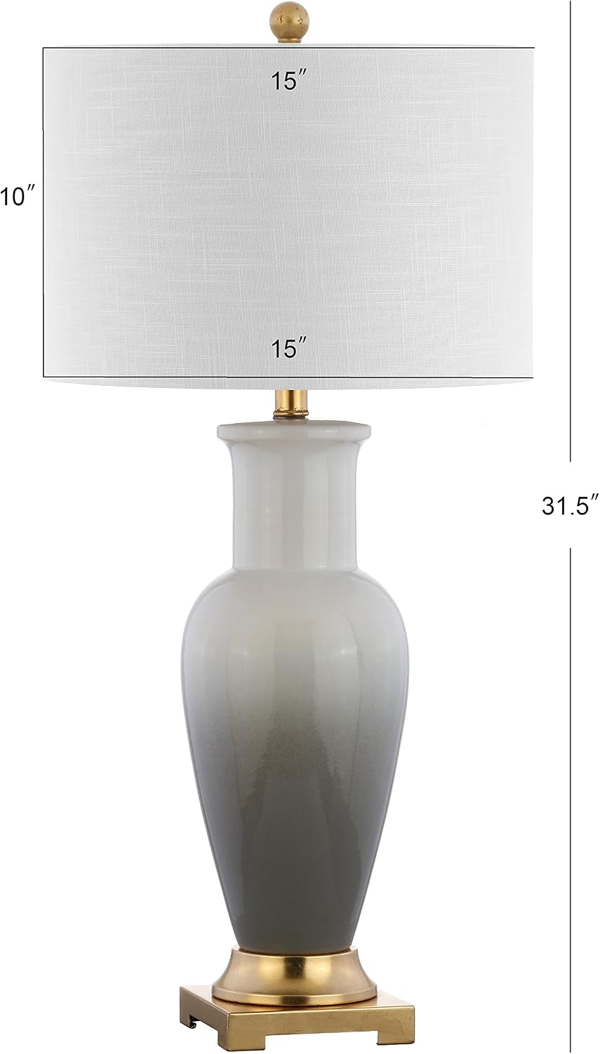 JONATHAN Y 31.5' White/Gray Dip Dye Ceramic Table Lamp for Living Room, Large Bedside Lamp for Bedroom with White Linen Drum Shade, Traditional End Table Light, LED Bulb (JYL3017B)