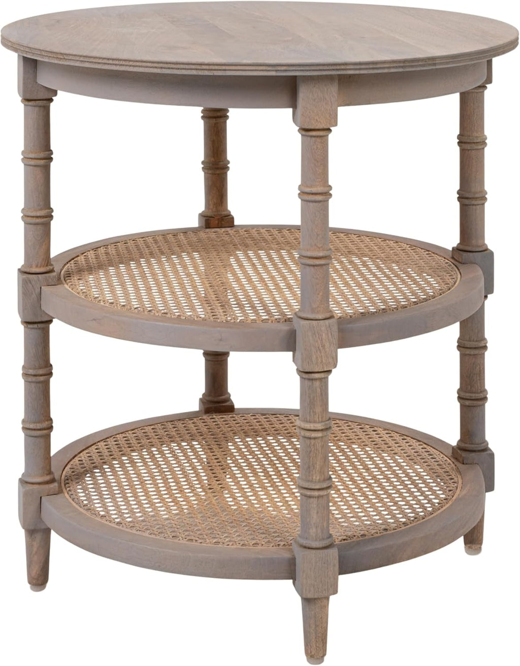 Creative Co-Op Round Solid Wood End Table with 2 Woven Cane Shelves, Grey Washed