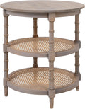 Creative Co-Op Round Solid Wood End Table with 2 Woven Cane Shelves, Grey Washed
