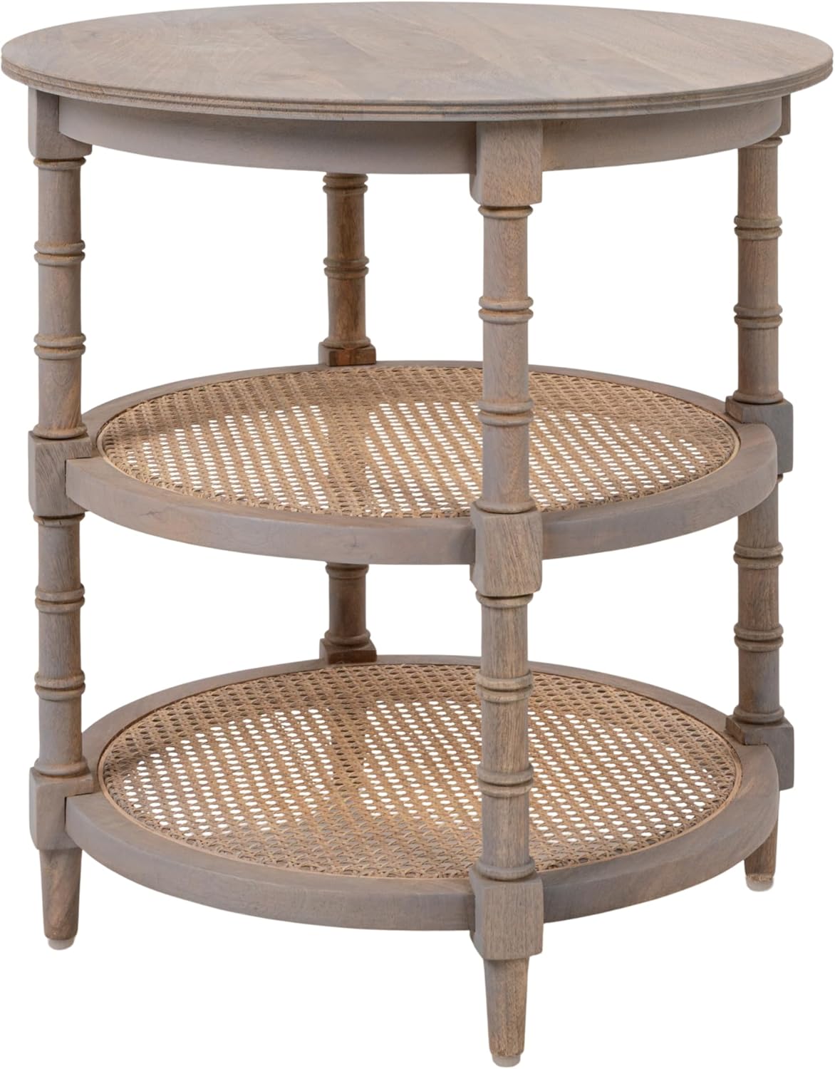 Creative Co-Op Round Solid Wood End Table with 2 Woven Cane Shelves, Grey Washed