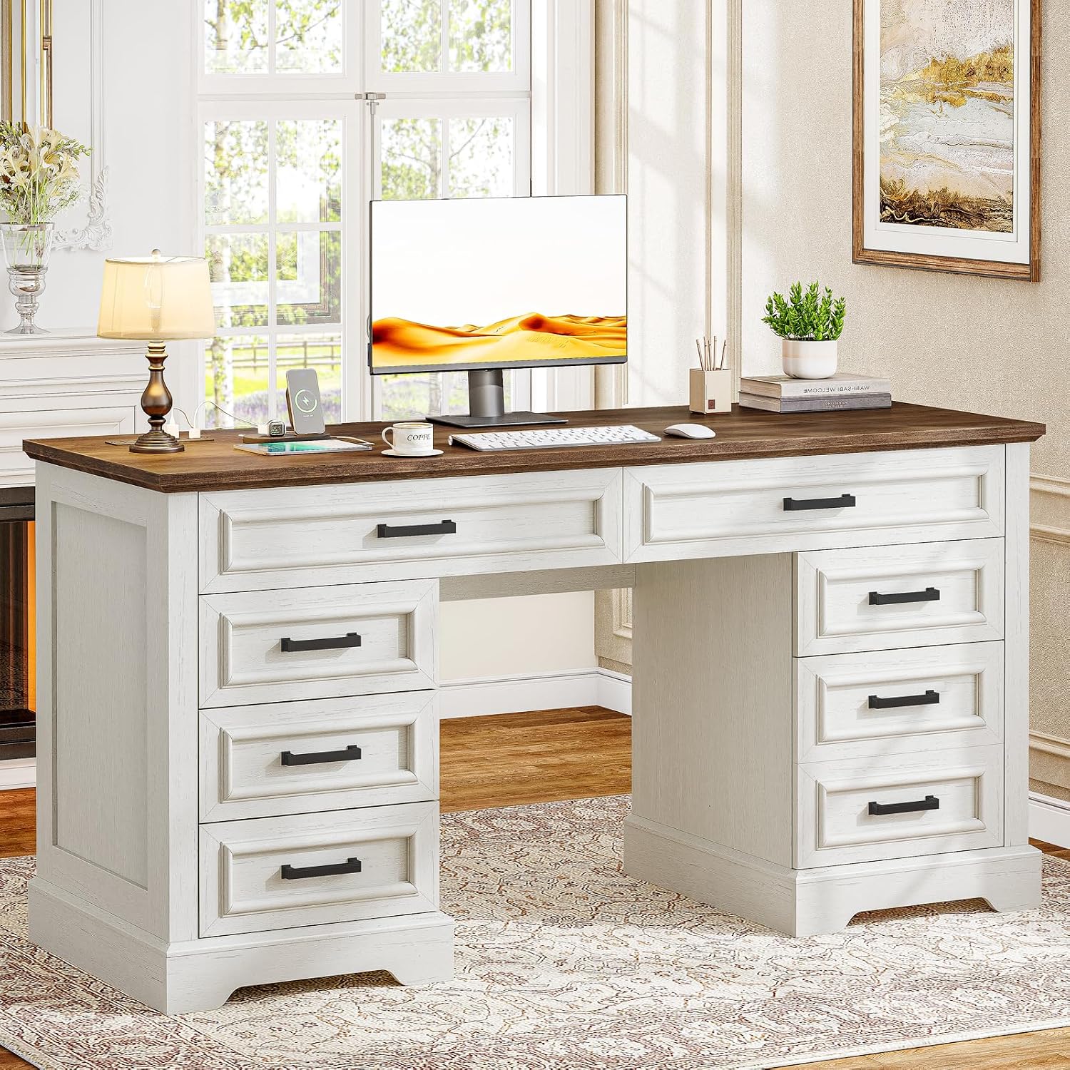 58' Executive Desk with 7 Drawers, Large Computer Desk with Charging Station , Wood Home Office Desk with File Drawer for Letter/A4 Size Hanging Files for Home Office, Rustic White and Rustic Brown