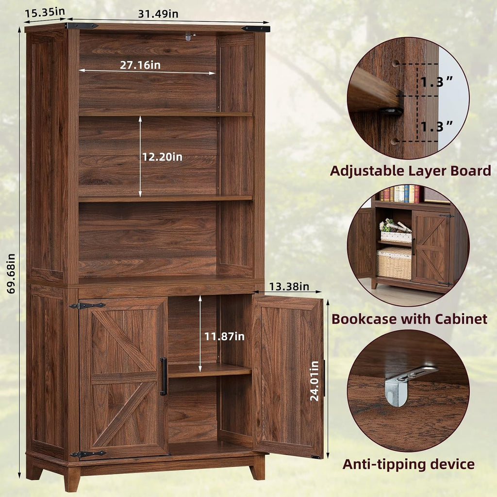 Joaxswe 70in Tall Bookshelf 5 Tier Bookcase with Barn Doors and Adjustable Shelves, Brown Farmhouse Book Shelf with Storage Cabinet, Wood Freestanding Display Bookshelves for Bedroom, Living Room
