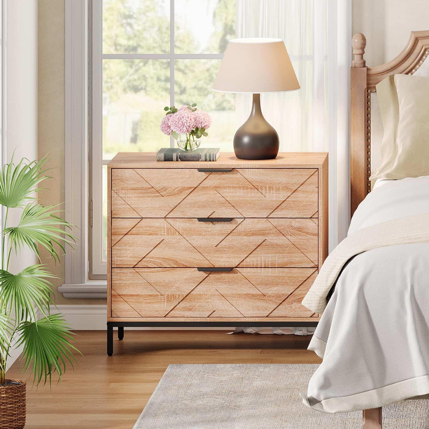 Tribesigns Wooden Nightstand with 3 Drawers, 31' Wide Night Stand with Metal Legs, Modern Large Bedside End Table for Bedroom, Living Room