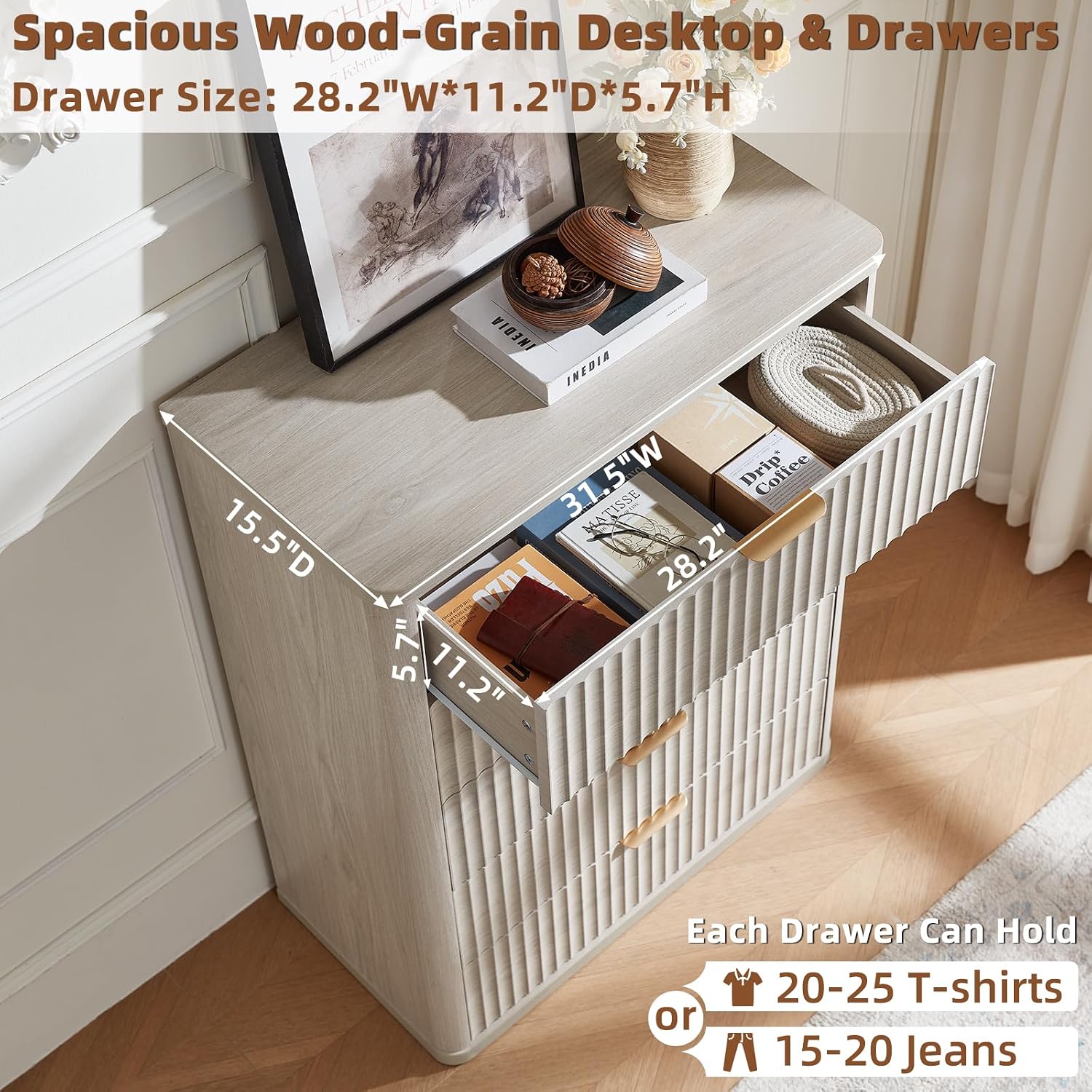 LEYAOYAO Fluted 5 Drawers Dresser Set of 2, 41' Tall Modern Chest of Drawers with Metal Handle, Curved Profile Dresser TV Stand, Wooden Drawer Organizer for Bedroom, Living Room, Hallway, Lightgrey