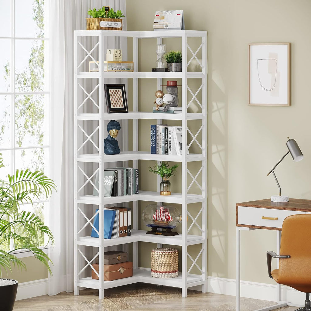 Tribesigns 7-Tier Corner Bookcase, Industrial Large Corner Bookshelf, 7-Shelf Tall Corner Shelf Storage Display Rack with Metal Frame for Living Room Home Office, White