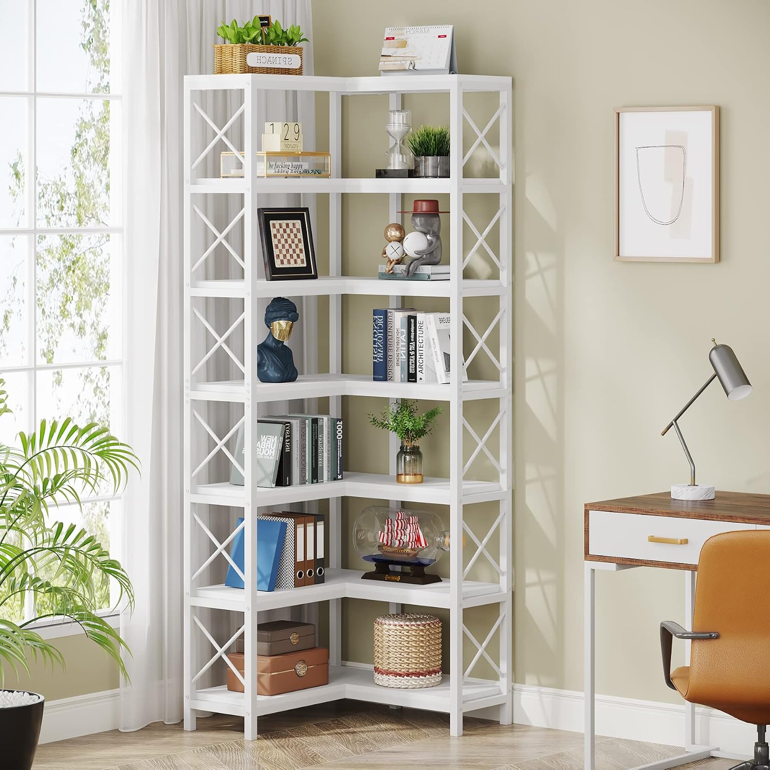 Tribesigns 7-Tier Corner Bookcase, Industrial Large Corner Bookshelf, 7-Shelf Tall Corner Shelf Storage Display Rack with Metal Frame for Living Room Home Office, White