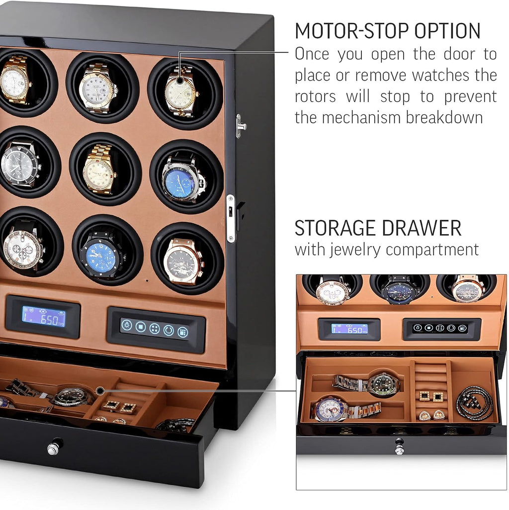 9 Watch Winder with LED Interior Light, LCD Display and 2 Watch Storage Space