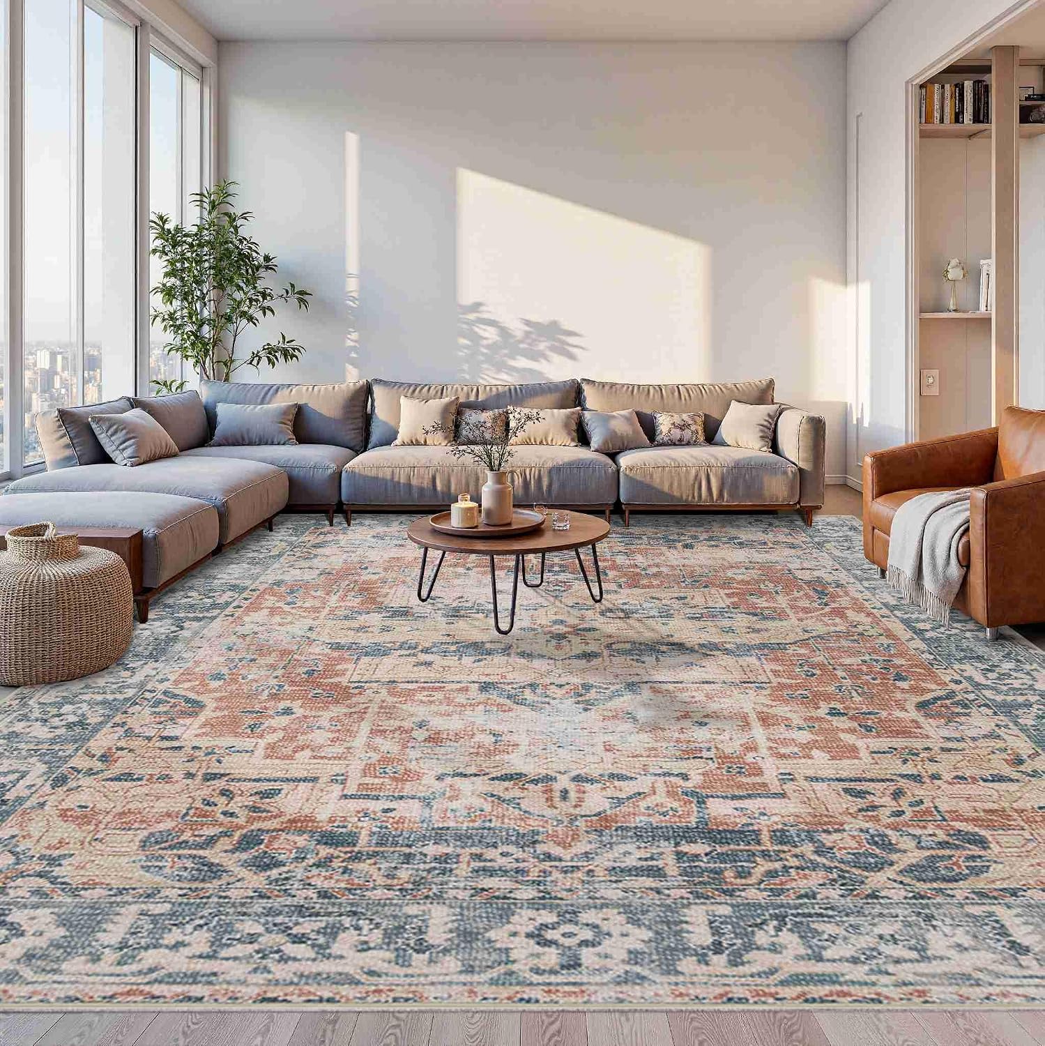 Rugxara 10x14 Area Rugs for Living Room Bedroom, Large Washable Rug, Coral Vintage Retro Boho Rug, Non Slip & Low Pile Faux Wool Thin Carpet for Indoor Dining Room, Kids Room(Coral Blue 10x14ft)