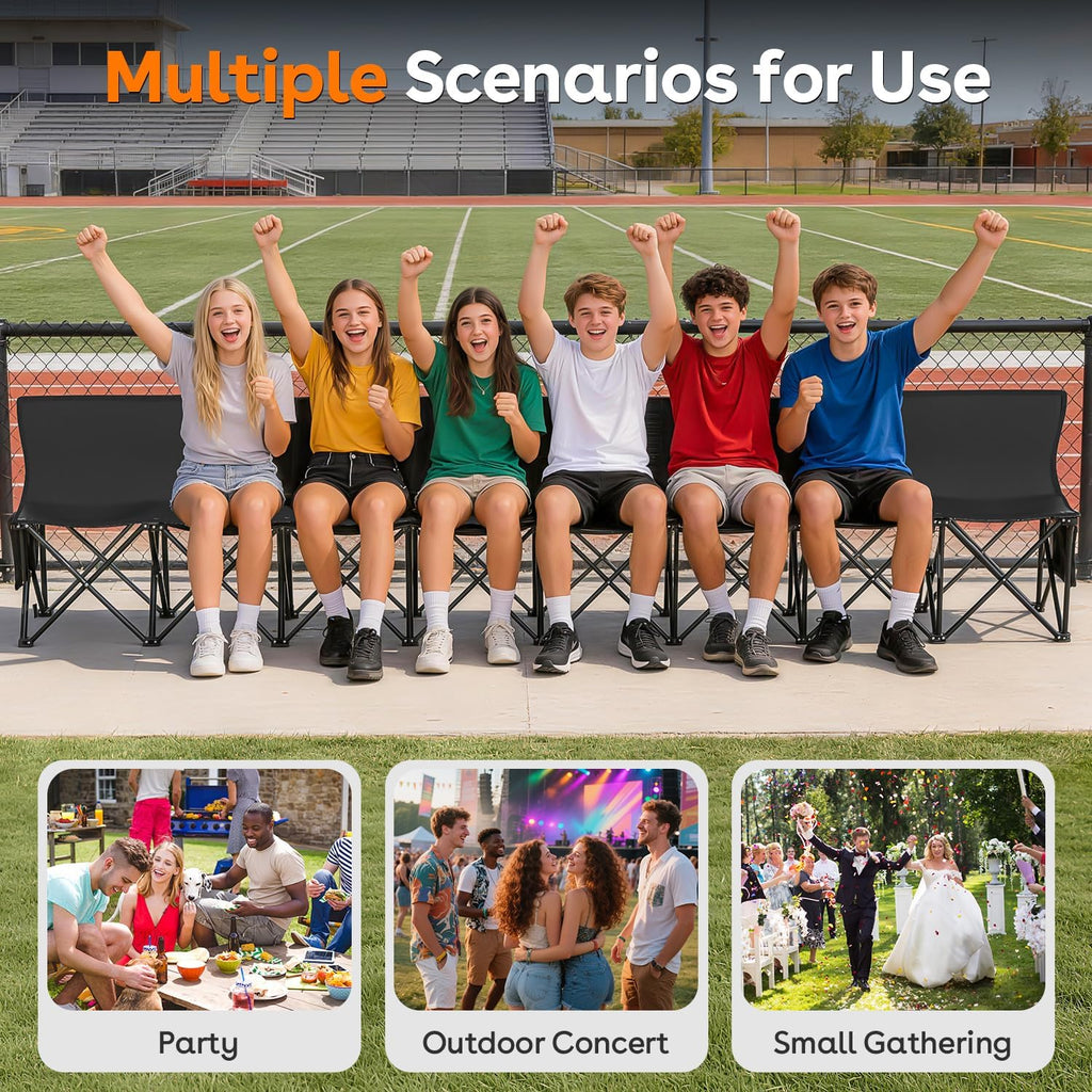 Suteck 8 Seats Soccer Bench, Portable Team Bench with 17.3'x 17.3' Individual Seats, 600D Oxford Fabric & Side Pockets, Heavy Duty Outdoor Folding Bench for Sports, Camping, Patio & Park Events