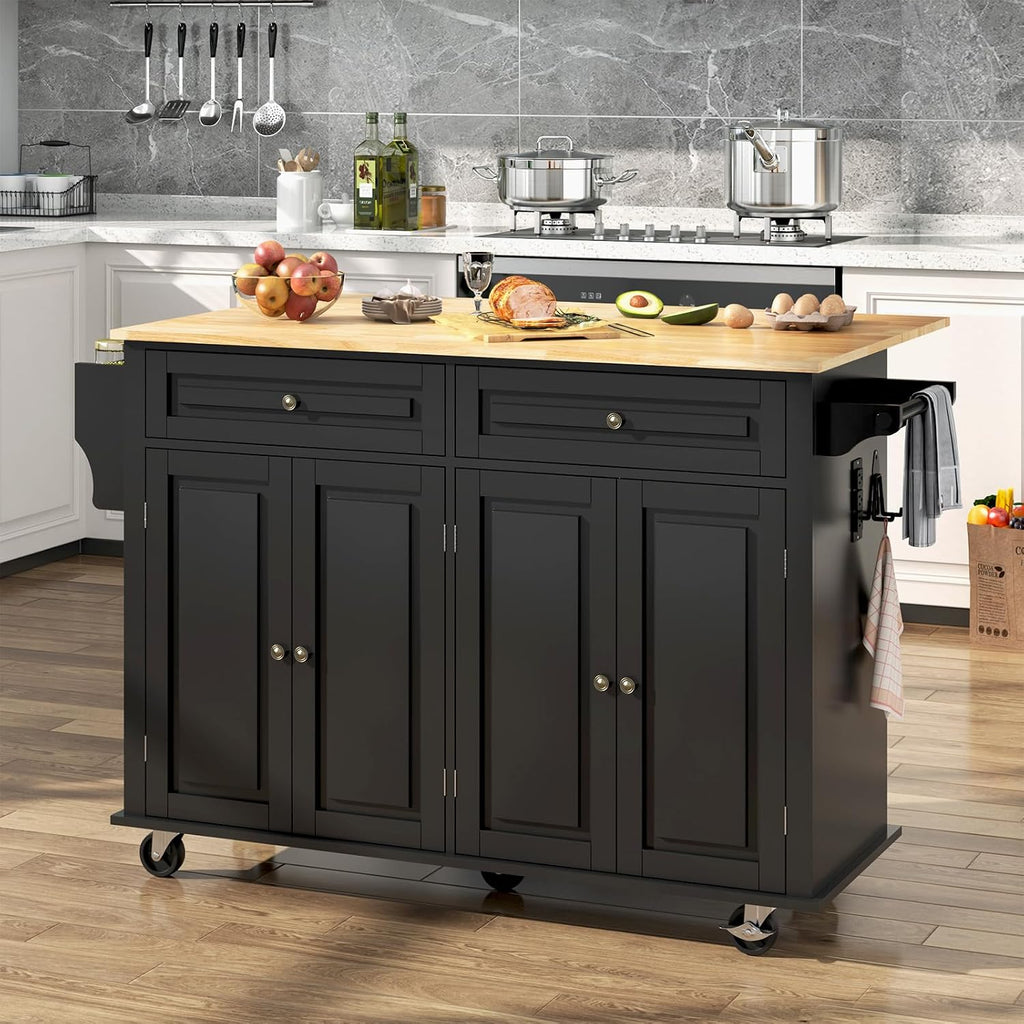 Hlivelood 55' Movable Kitchen Island with Drop Leaf and Power Outlet, Rolling Cart with Storage Cabinet, Island Table on Wheels for Kitchen with 2 Drawers, Spice Rack, Towel Bar, Garage Hook, Black