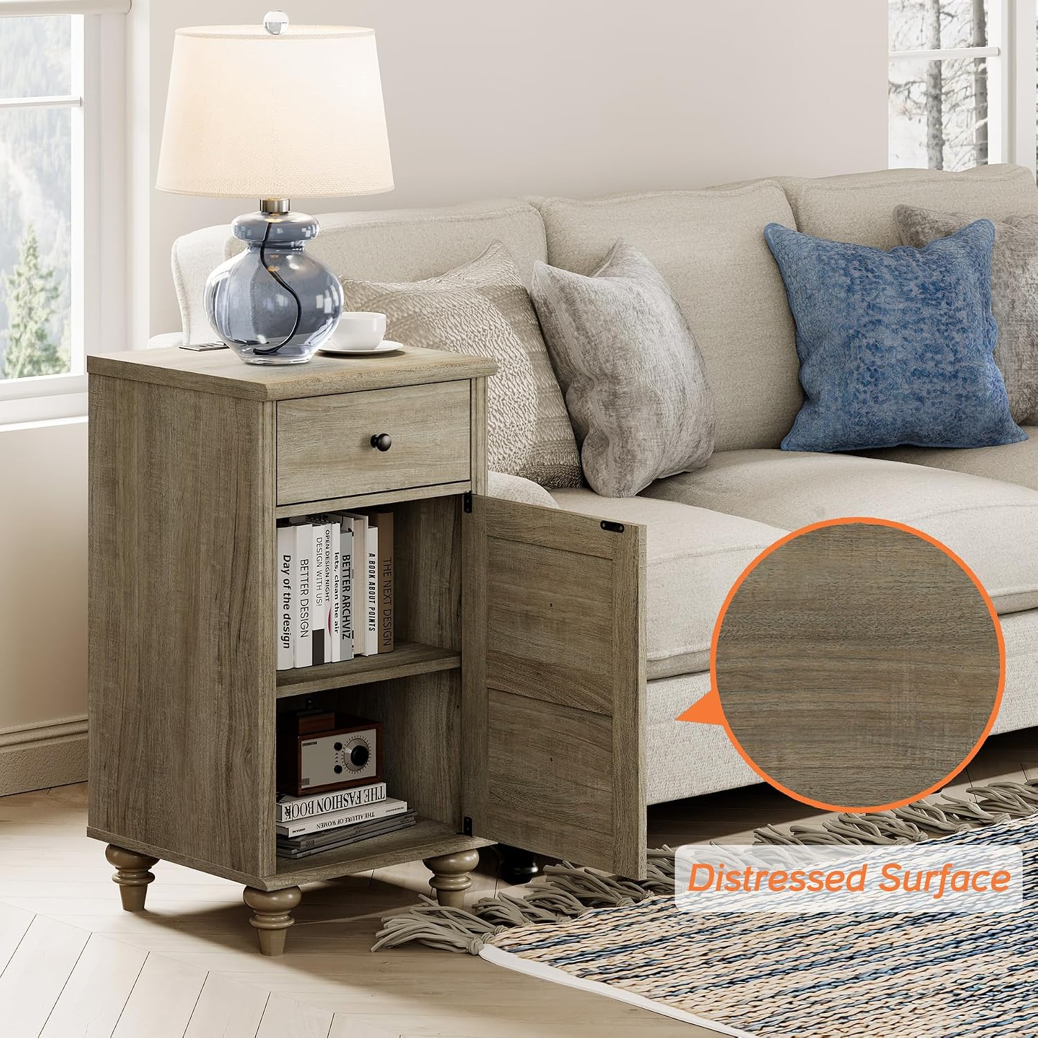 WAMPAT Set of 2 Wooden End Tables with Drawer and Storage Cabinet, Nightstands with Charging Station, Modern Farmhouse Living Room Side Tables, Wash Grey Bedside Table for Bedroom