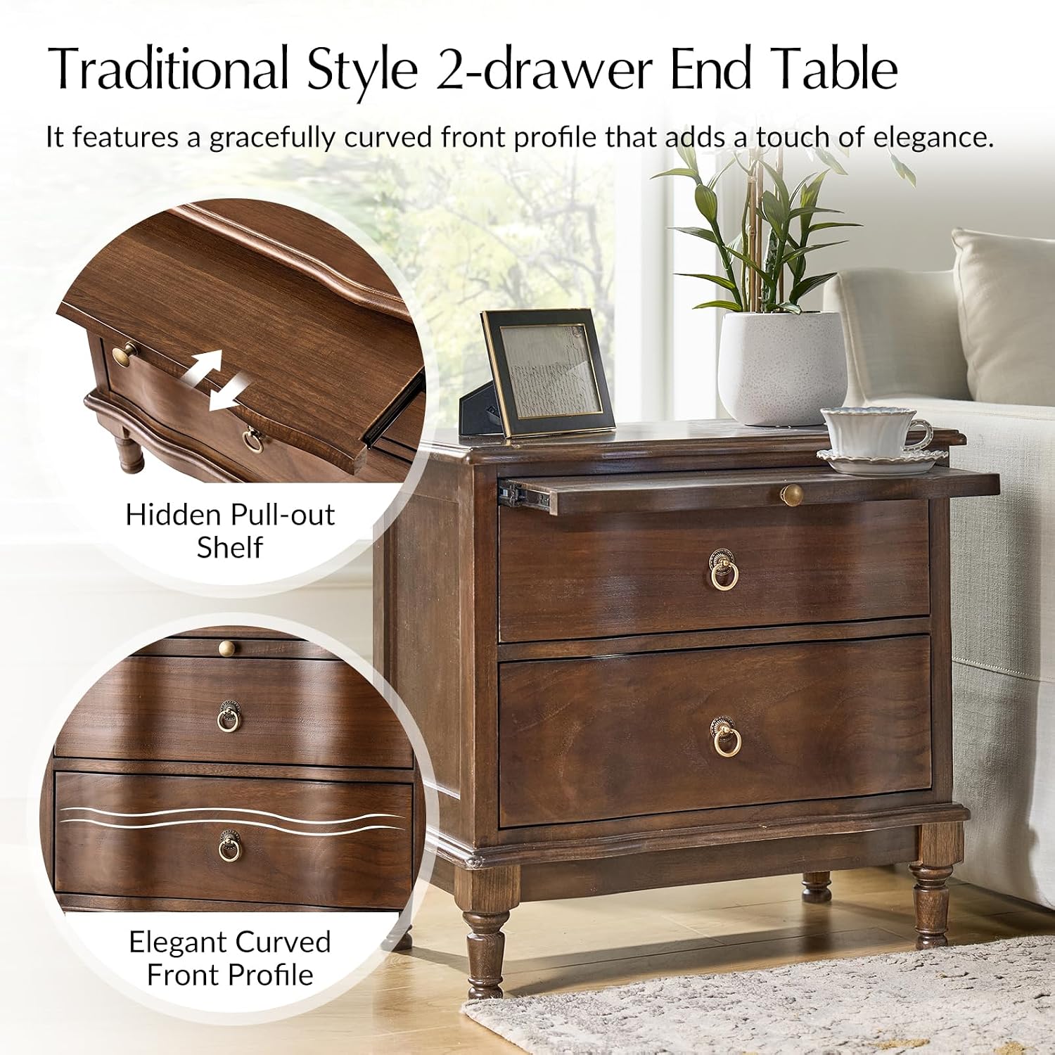 HULALA HOME Solid Wood Storage End Tables with Hidden Pull-Out Shelf, Transitional 2 Drawer Side Tables with Charging Station, Large SideTables with USB Ports, Easy Assembly(Set of 2, Walnut)