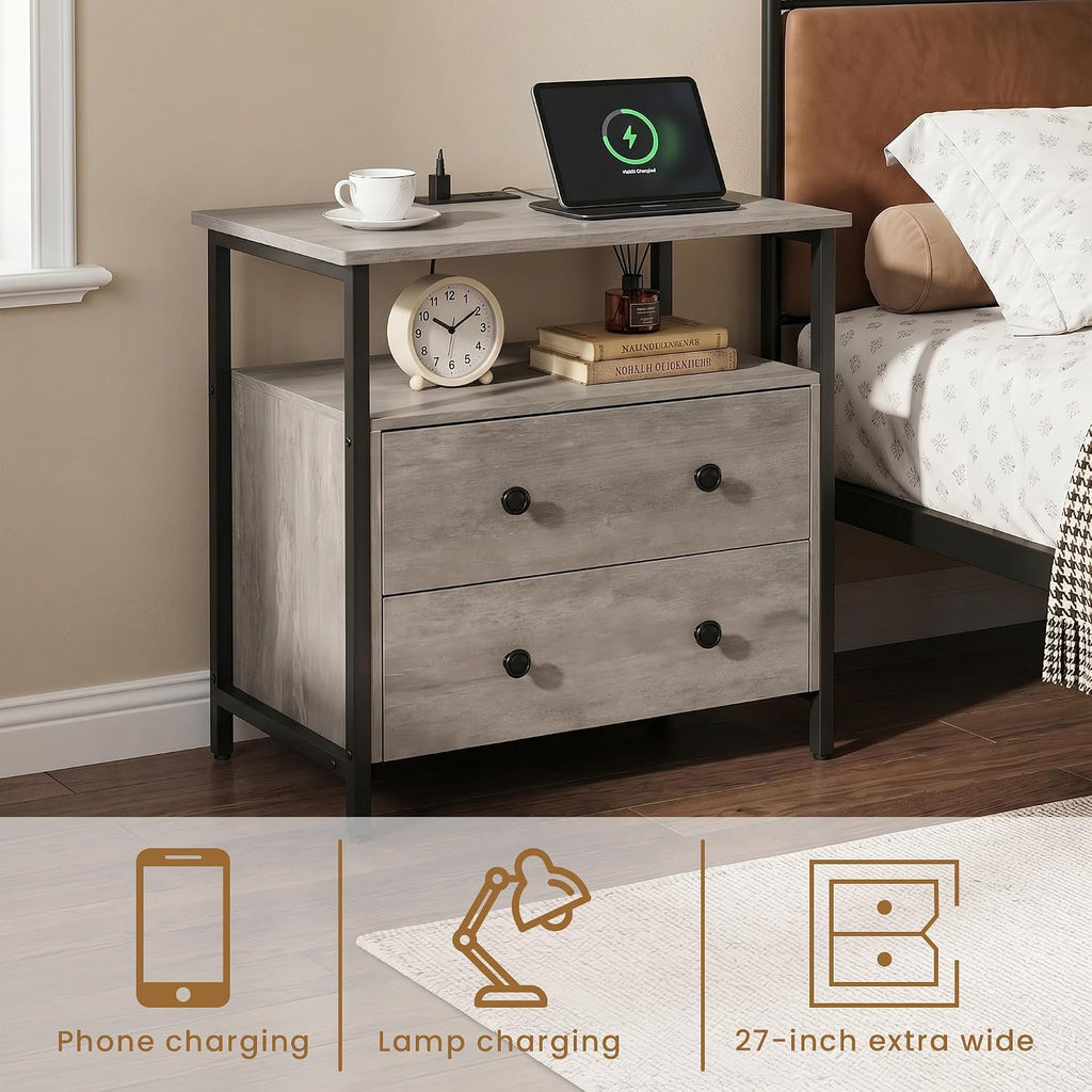 Edbuosy 27 inch Wide Night Stand Set 2 with Charging Station, Bedside Table with Open Shelf, 2 Drawers Small Wood Dresser, Modern Wood Nightstand for Bedroom/Living Room (Rustic Gray)