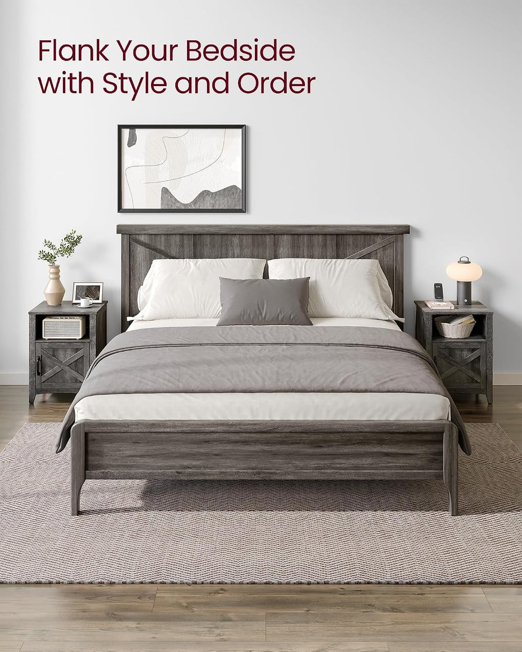 VASAGLE LIRY Collection - Farmhouse Nightstand with Barn Door, Set of 2, Bedside Table with Storage, Side End Table, Night Stand, Open Compartment, for Bedroom, Misty Gray ULET809G68