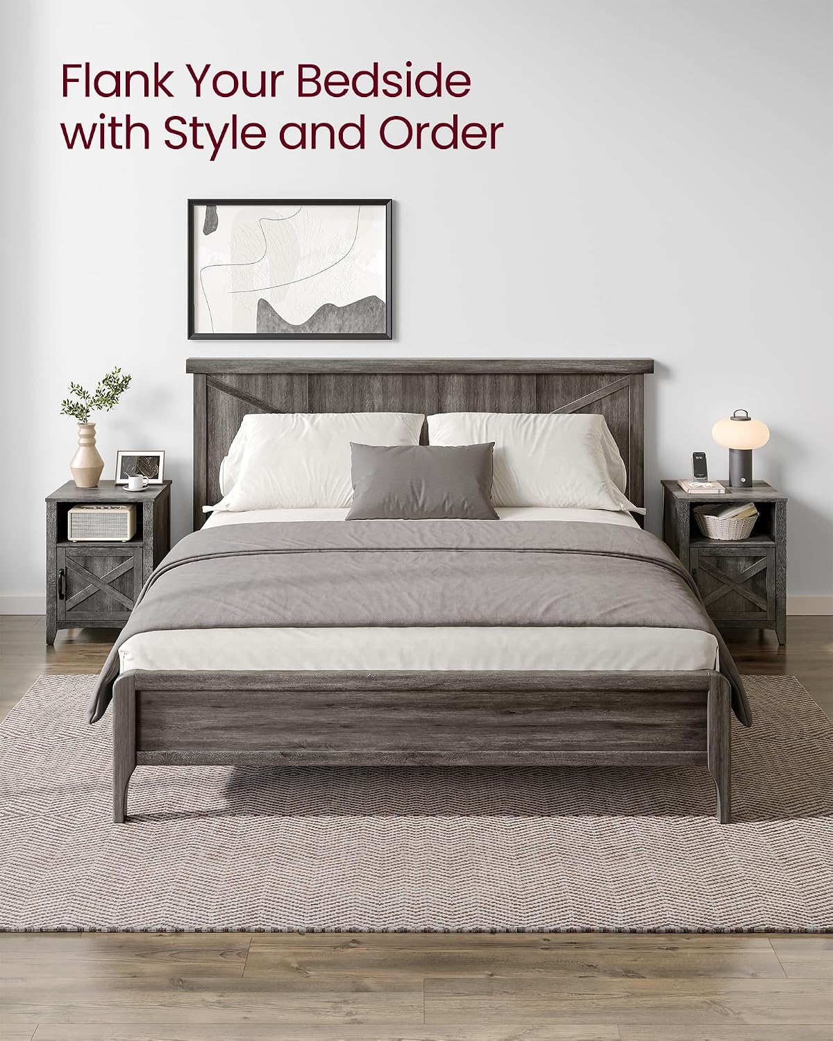 VASAGLE LIRY Collection - Farmhouse Nightstand with Barn Door, Set of 2, Bedside Table with Storage, Side End Table, Night Stand, Open Compartment, for Bedroom, Misty Gray ULET809G68