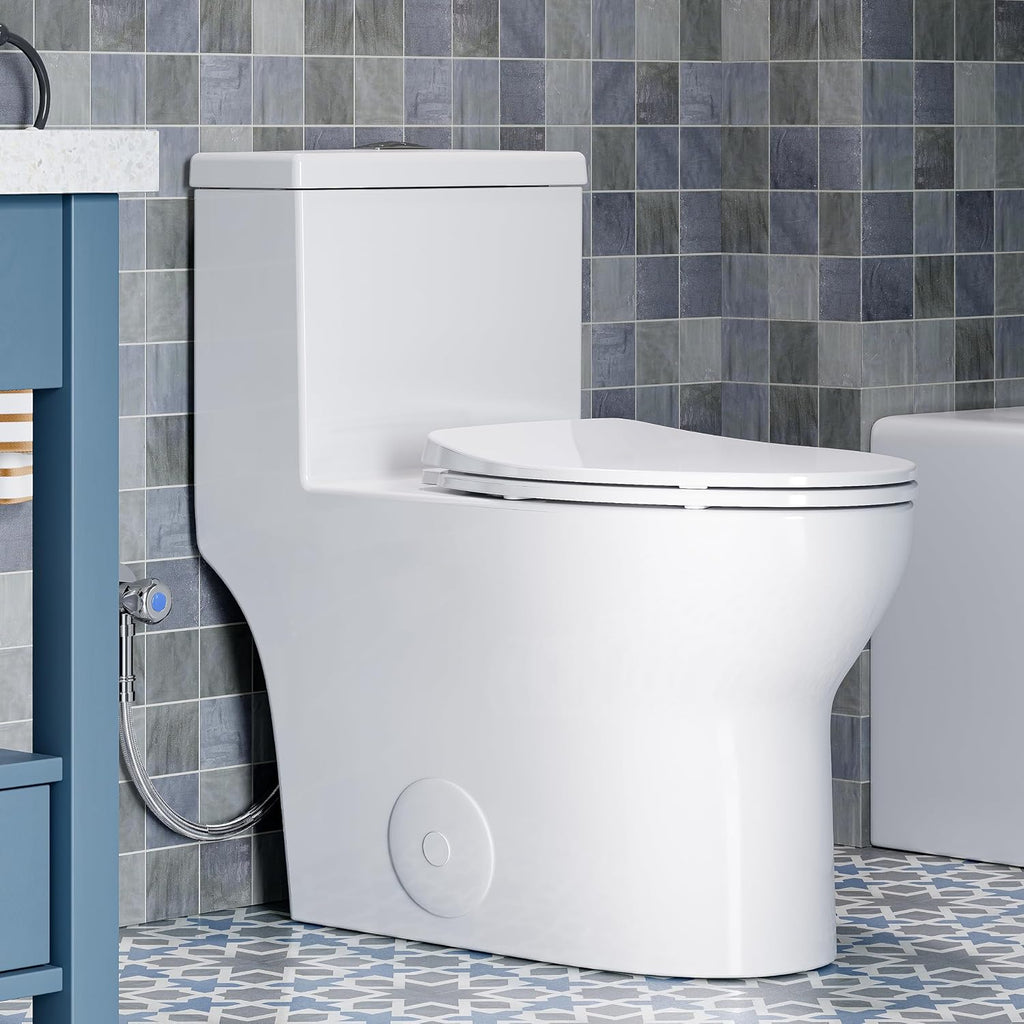 HOROW T0350W One-Piece Elongated Toilet, 17' ADA Chair Height, Dual Flush 0.8/1.28 GPF, MaP 1000g Powerful Flush, Soft-Close Seat, Skirted Design, Square Flush Button, 12' Rough-In, White