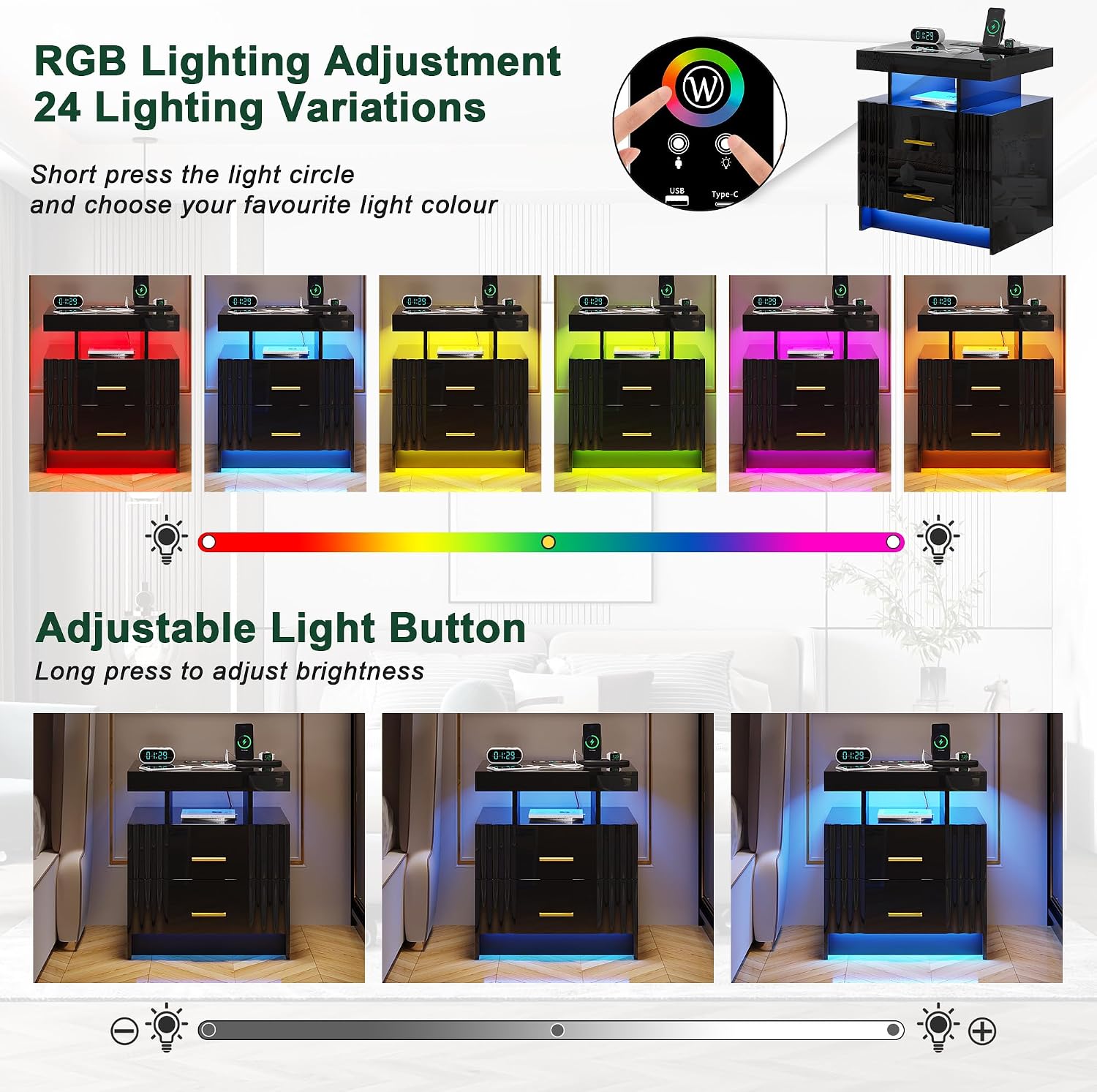 Nightstand with Wireless Charging Station, Bedroom Bedside Table with RGB Lights, Smart Night Stand with 2 Drawers, Bedside Tables Modern Bedside Table for Bedroom, Living Room(Black)