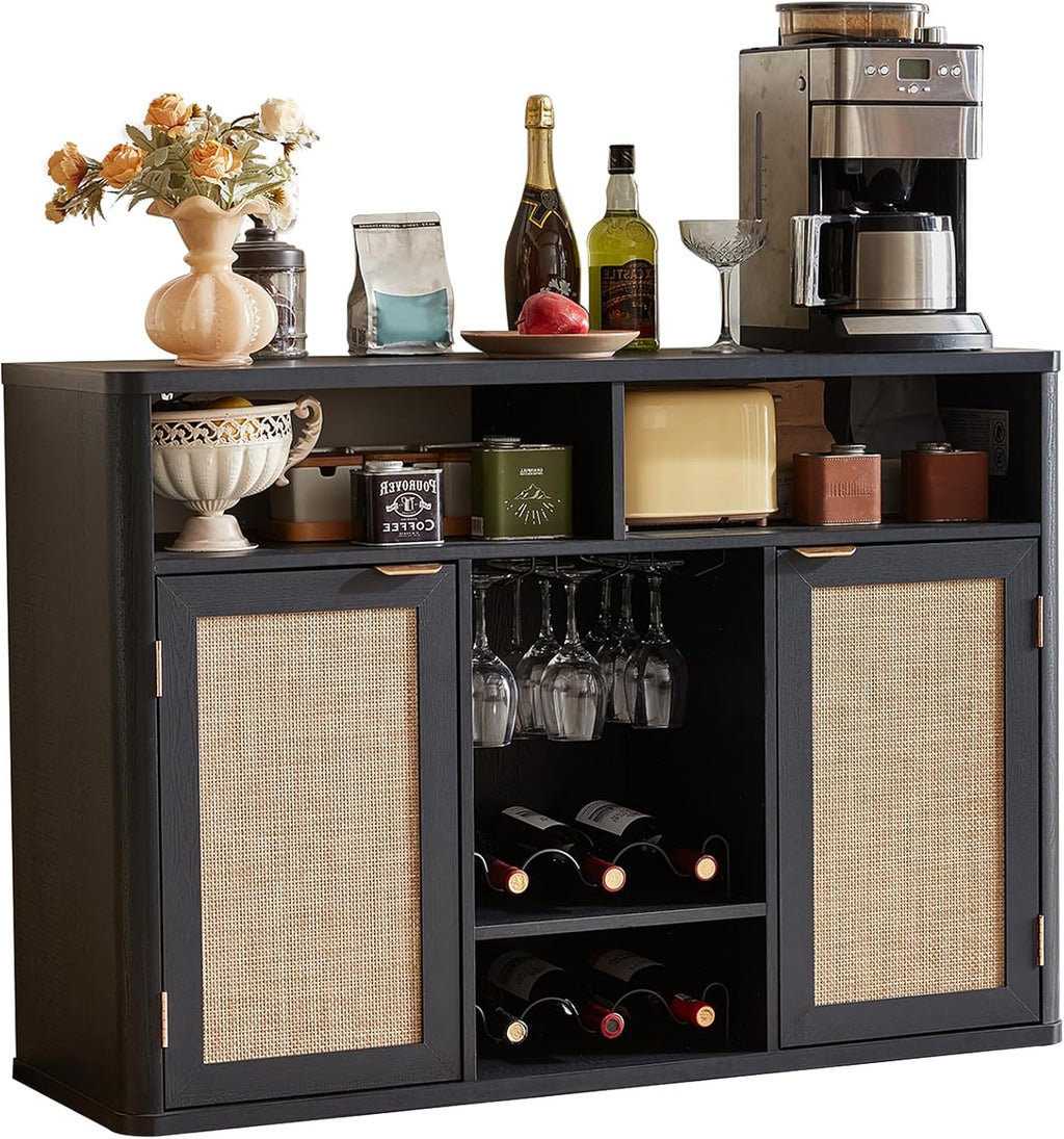 Lerliuo Rattan Wine Cabinet with 2 Doors, Boho Liquor Cabinet with Wine Racks, Farmhouse Coffee Bar Station for Living Room, Dining Room, Kitchen, Black