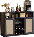 Lerliuo Rattan Wine Cabinet with 2 Doors, Boho Liquor Cabinet with Wine Racks, Farmhouse Coffee Bar Station for Living Room, Dining Room, Kitchen, Black