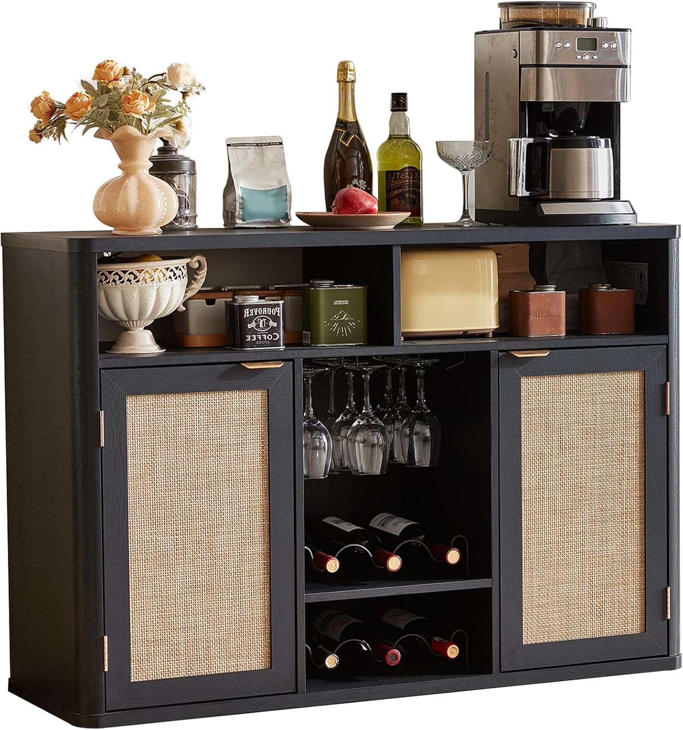 Lerliuo Rattan Wine Cabinet with 2 Doors, Boho Liquor Cabinet with Wine Racks, Farmhouse Coffee Bar Station for Living Room, Dining Room, Kitchen, Black