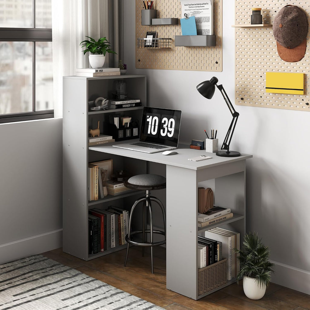 HOMCOM Modern Home Office Desk with 6-Tier Storage Shelves, 47' Writing Desk with Bookshelf, Gray