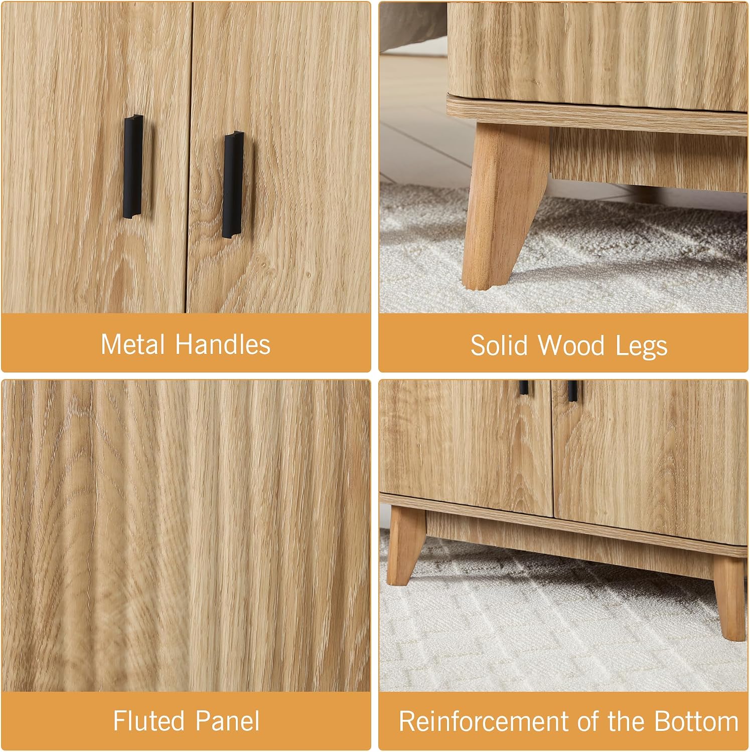 Fluted End Table with Charging Station, 2 Door Side Table with Storage, Mid Century Modern Nightstand for Bedroom Bedside, Living Room Couch Sofa, Office, Desk Side Table for Small Spaces-Natural